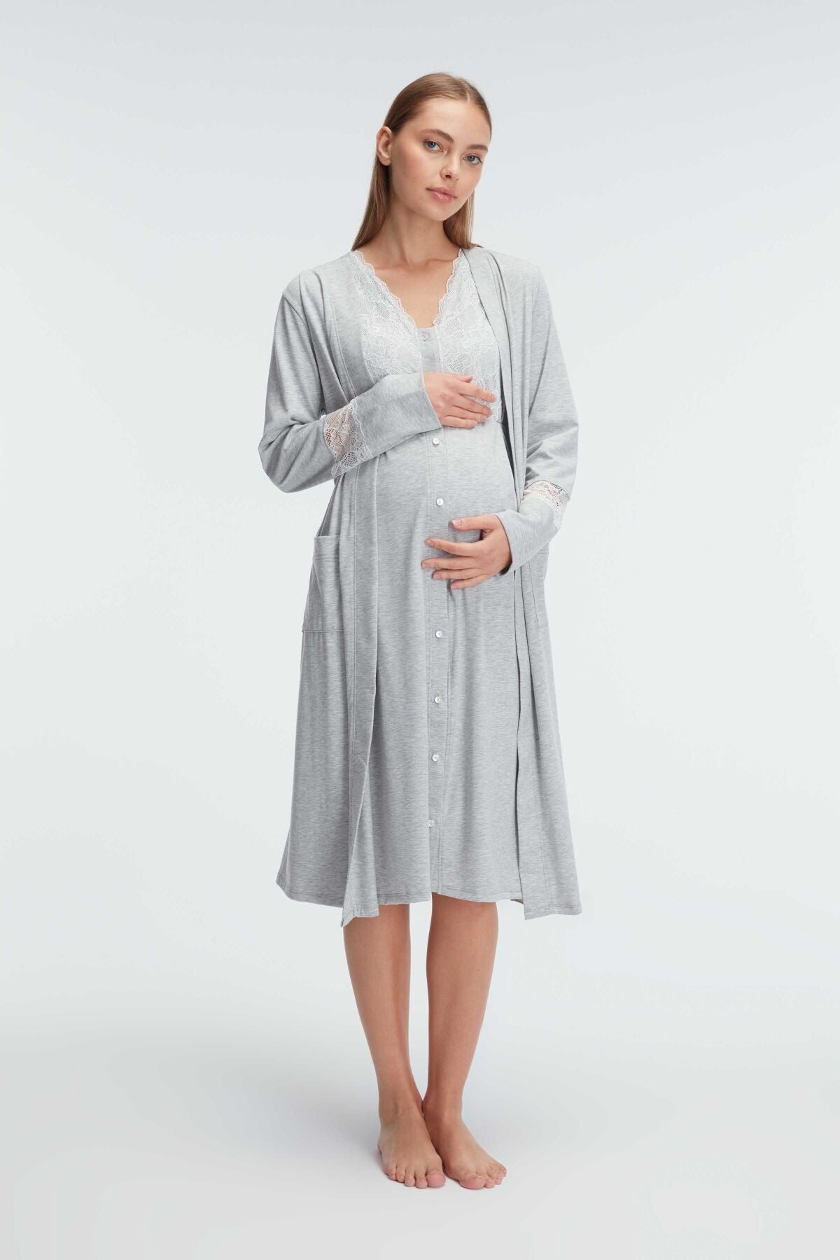 Shopymommy 11309 Lace Collar Maternity & Nursing Nightgown With Robe Grey