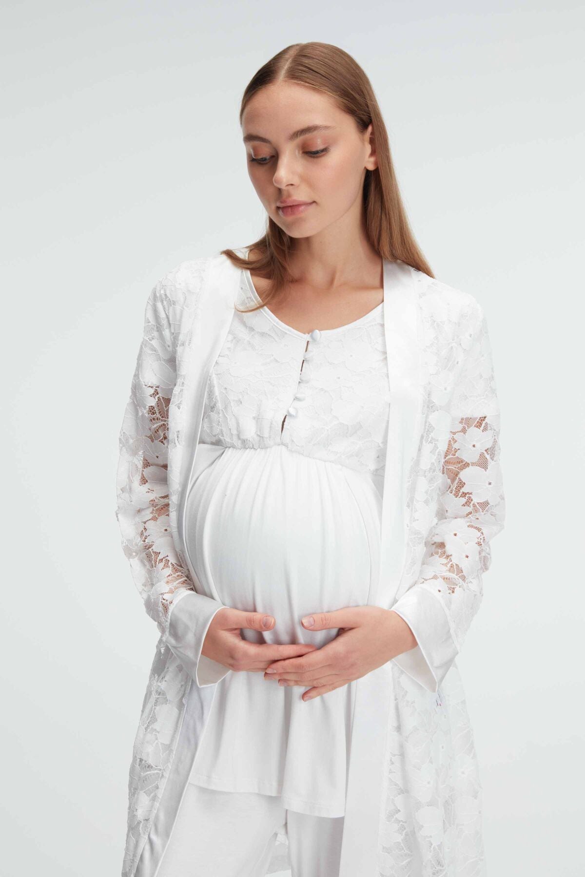 Shopymommy 11311 Lace 3-Pieces Maternity & Nursing Pajamas With Flower Robe Ecru