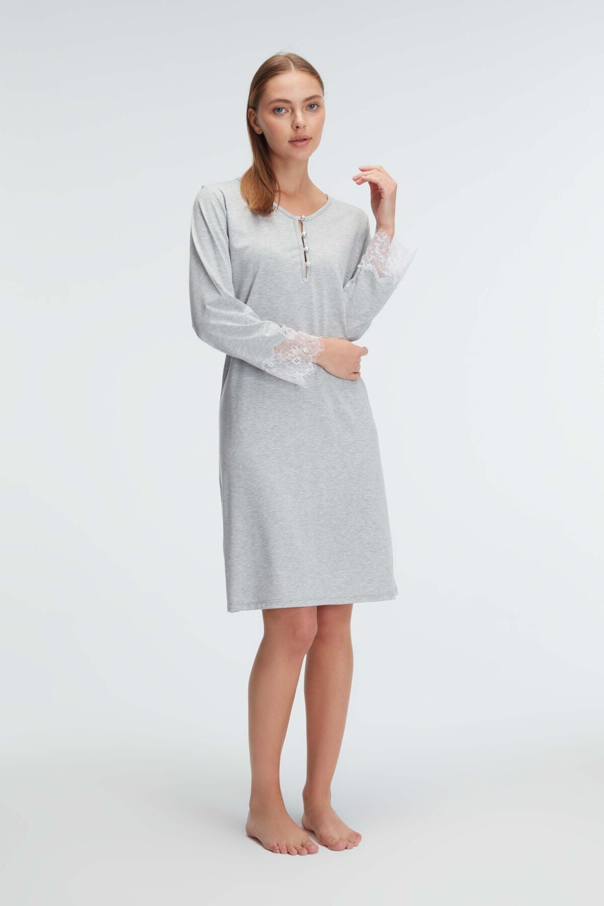 Shopymommy 11312 Lace Sleeve Maternity & Nursing Nightgown Grey