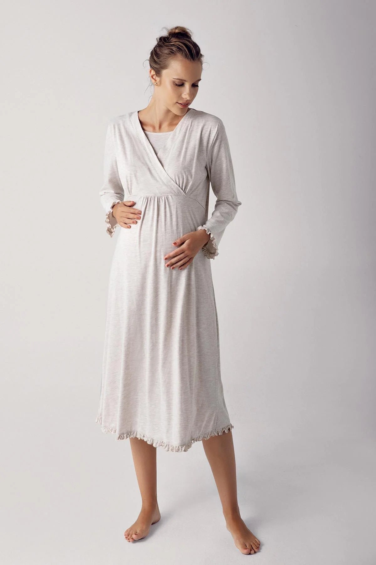 Shopymommy 13112 Double Breasted Maternity & Nursing Nightgown Beige