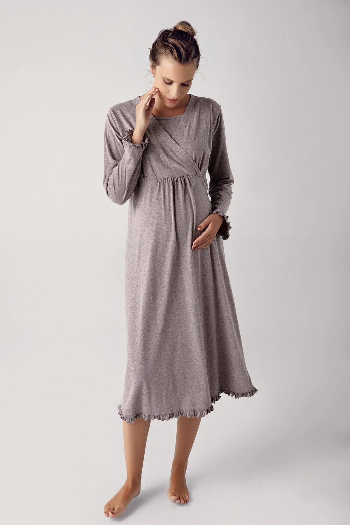 Shopymommy 13112 Double Breasted Maternity & Nursing Nightgown Coffee