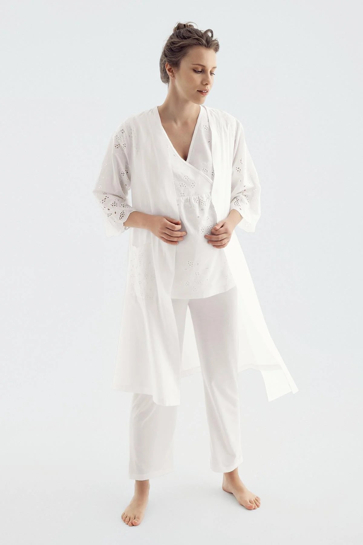 Shopymommy 14313 Double Breasted 3-Pieces Maternity & Nursing Pajamas With Woven Robe Ecru