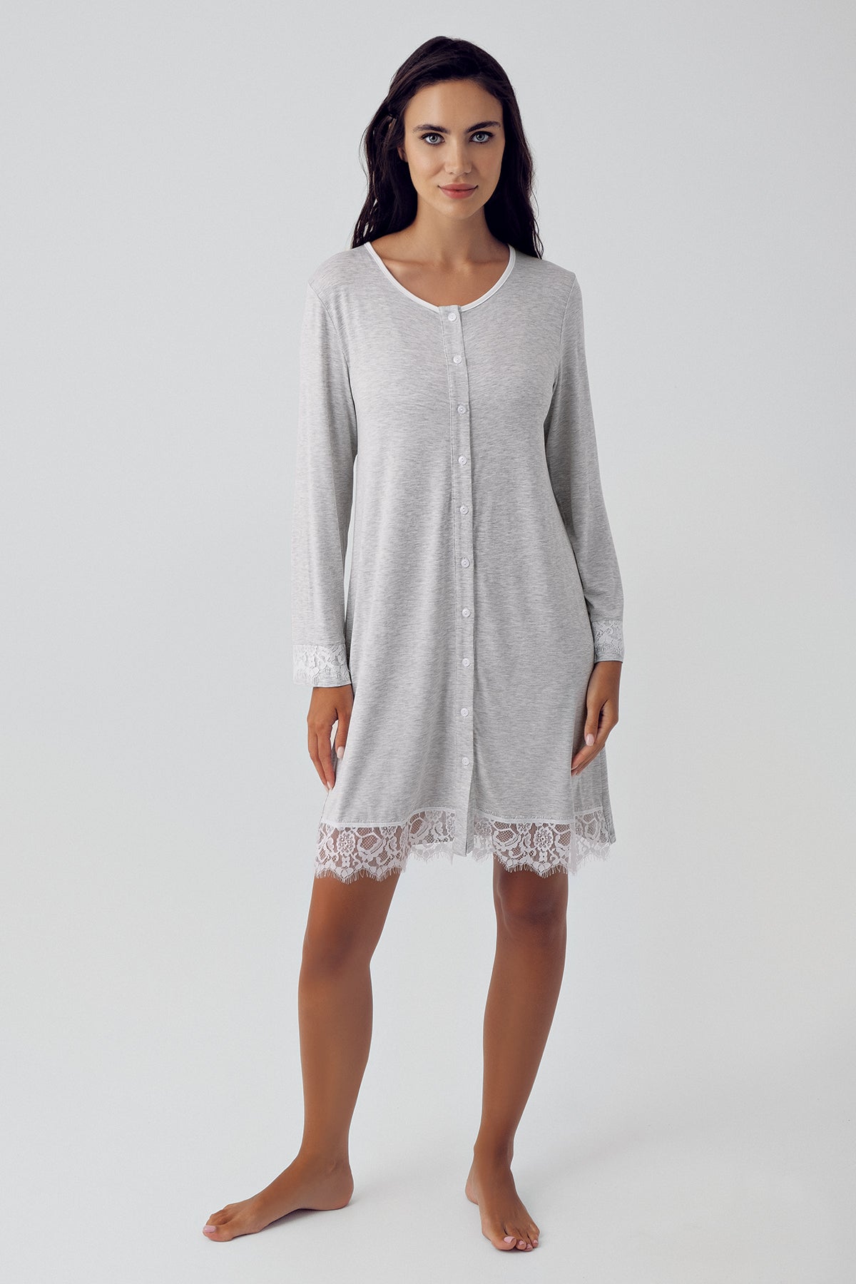 Shopymommy 15103 Melange Lace Maternity & Nursing Nightgown Grey