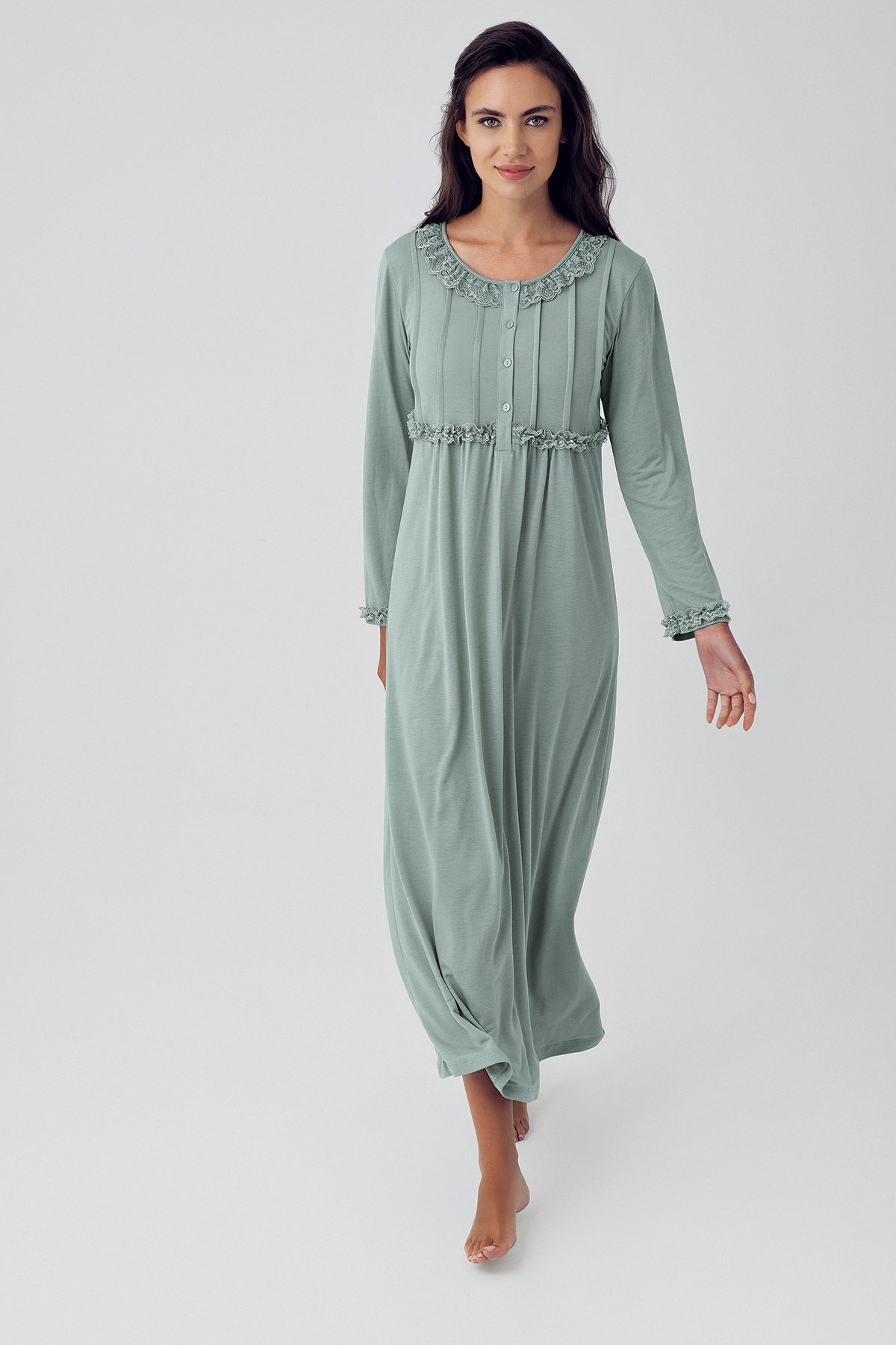 Shopymommy 15121 Guipure Collar Plus Size Maternity & Nursing Nightgown Green