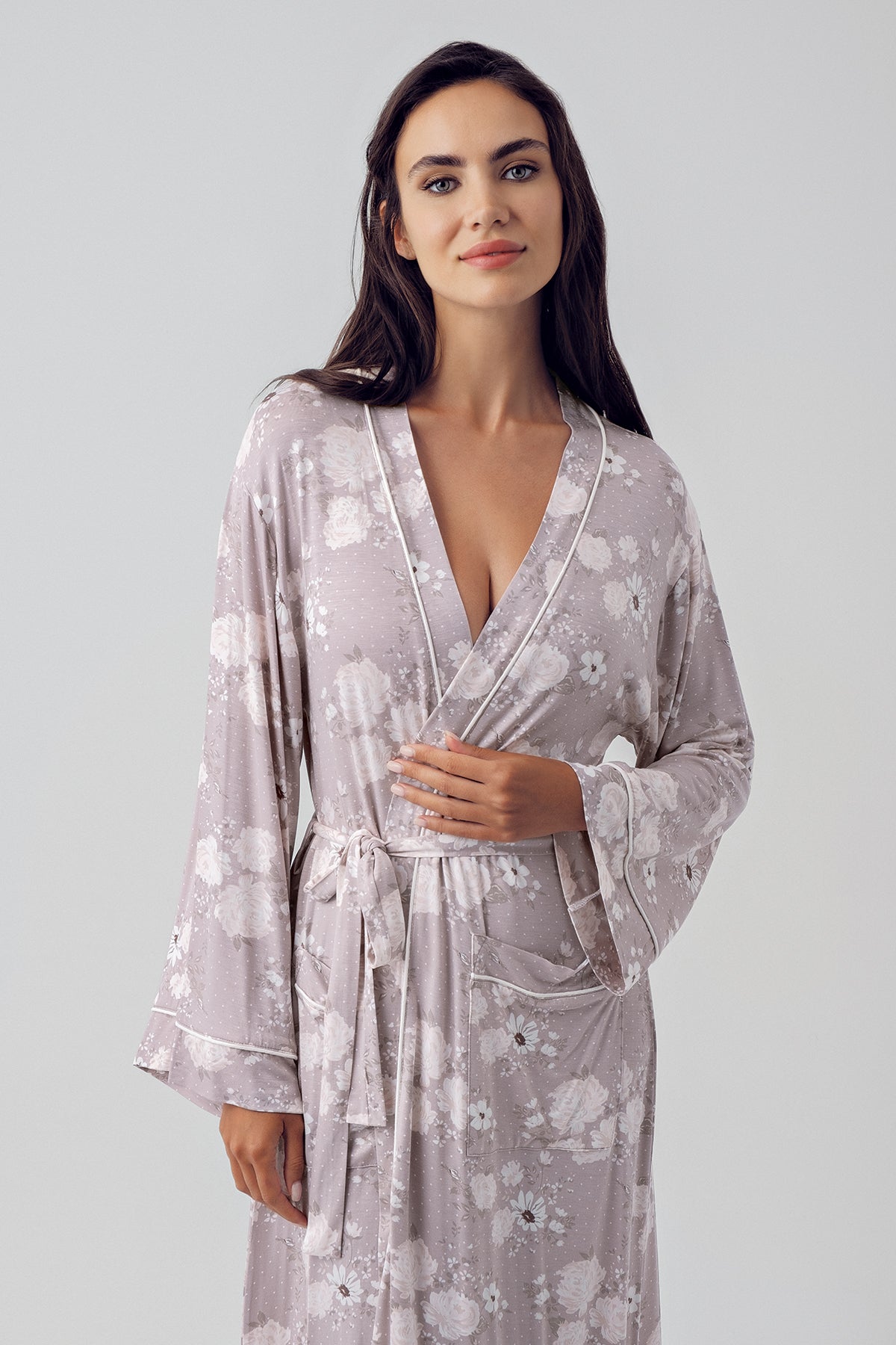 Shopymommy 15504 Flower Patterned Maternity Robe Coffee