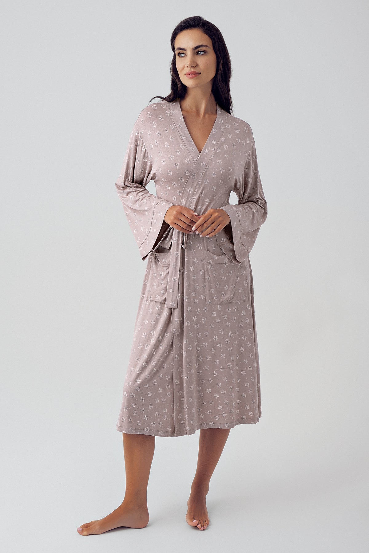Shopymommy 15405 Cross Double Breasted Maternity & Nursing Nightgown With Patterned Robe Coffee
