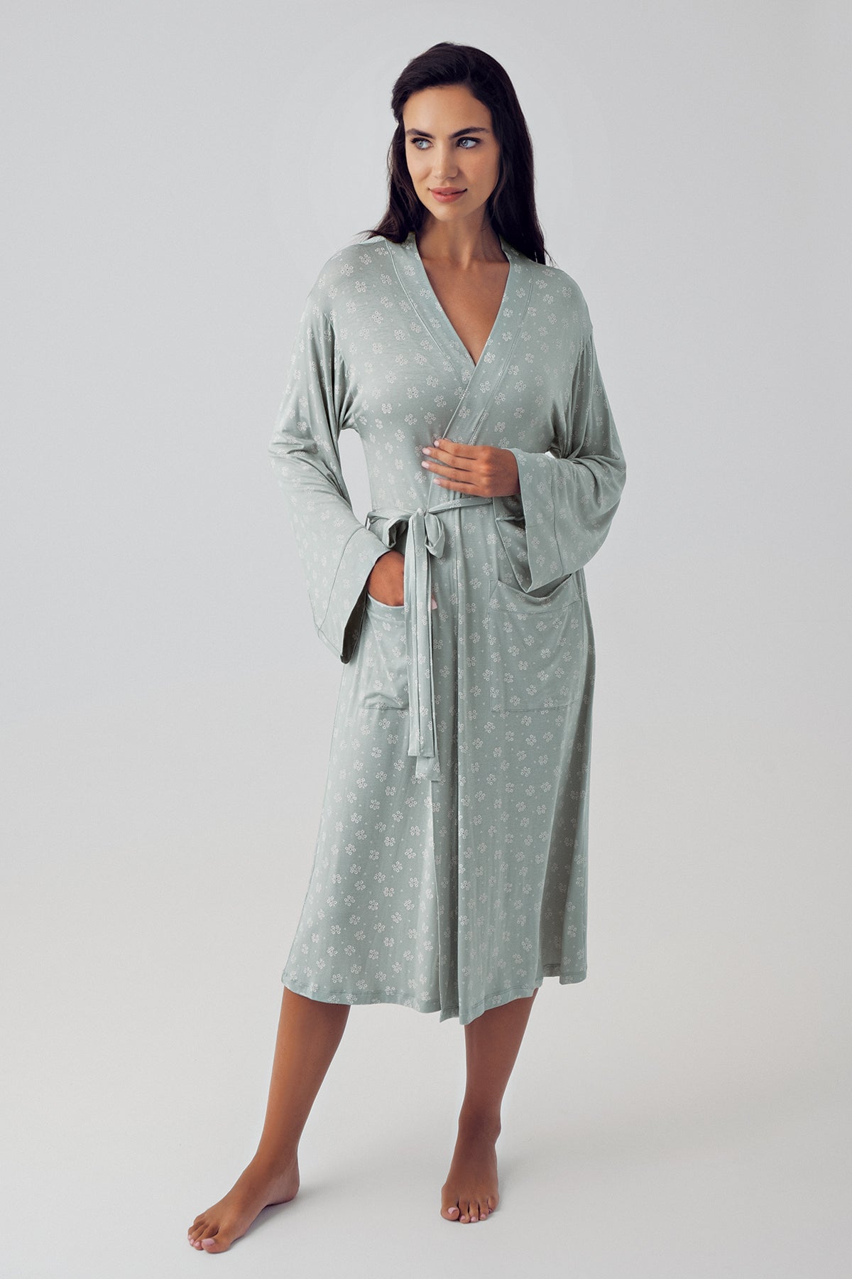 Shopymommy 15405 Cross Double Breasted Maternity & Nursing Nightgown With Patterned Robe Green
