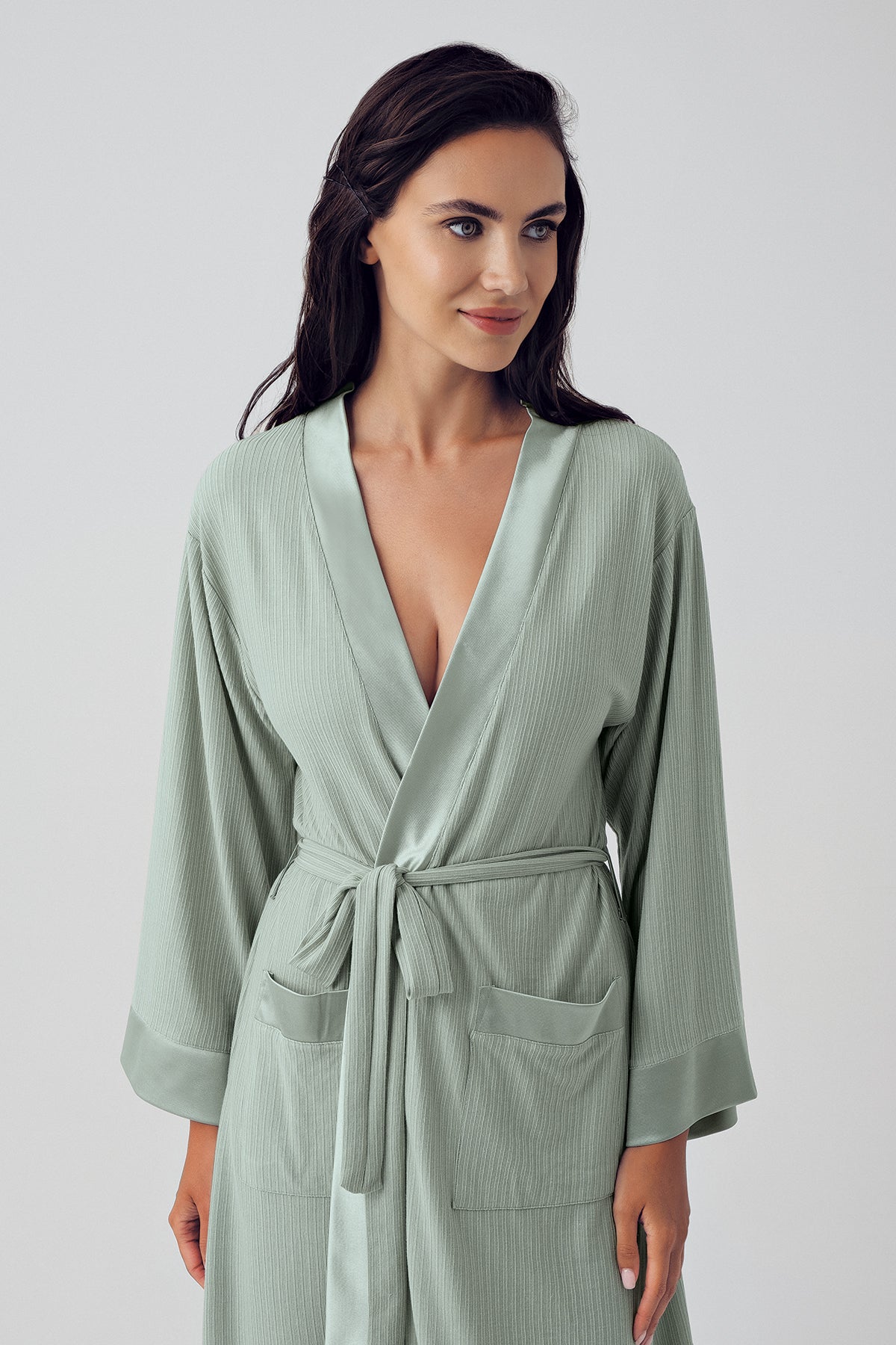 Shopymommy 15506 Bias Detailed Maternity Robe Green