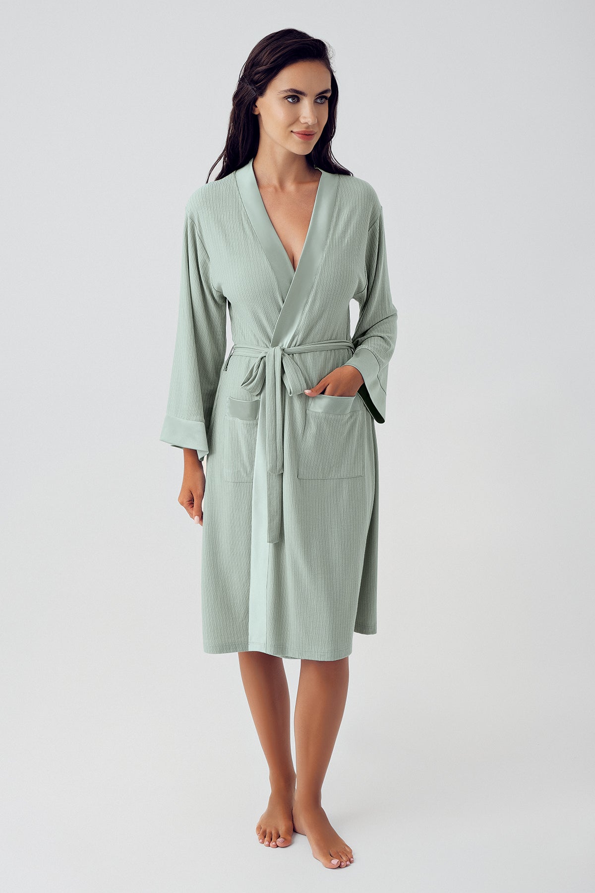 Shopymommy 15506 Bias Detailed Maternity Robe Green