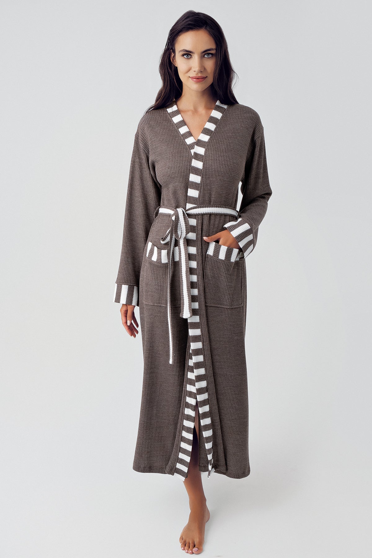 Shopymommy 15513 Knitwear Long Maternity Robe Coffee
