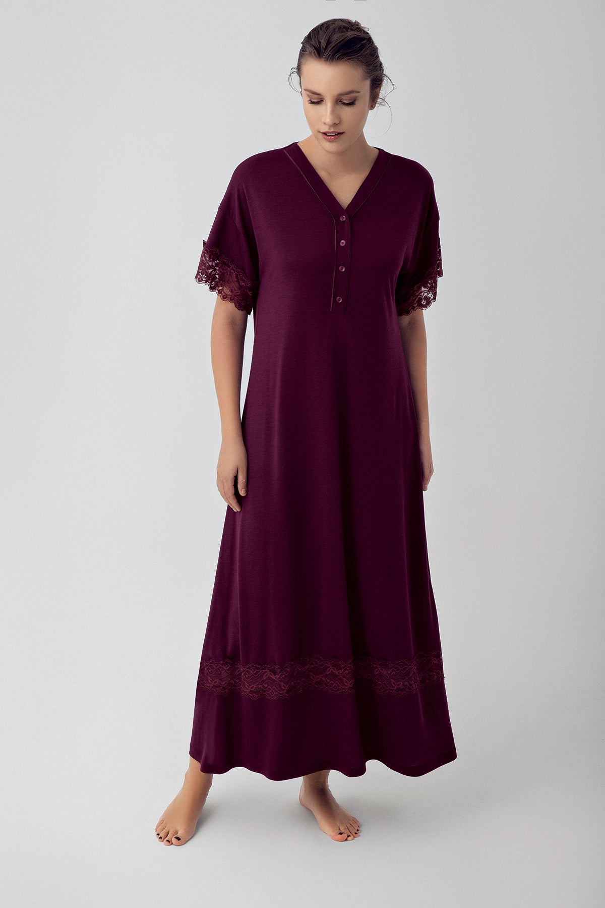 Shopymommy 16111 Lace Sleeve Maternity & Nursing Nightgown Plum