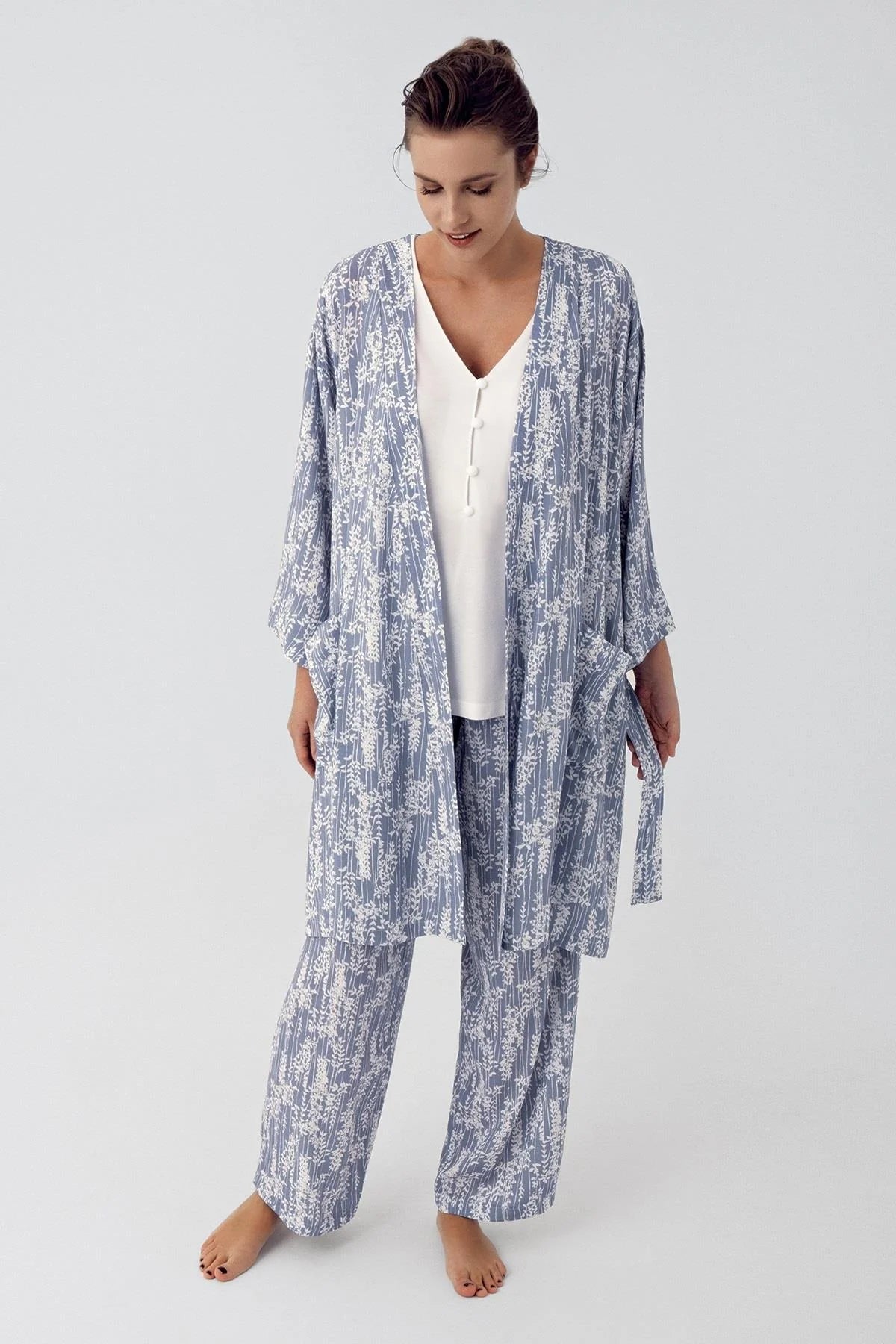 Shopymommy 16300 3-Pieces Maternity & Nursing Pajamas With Patterned Robe Indigo