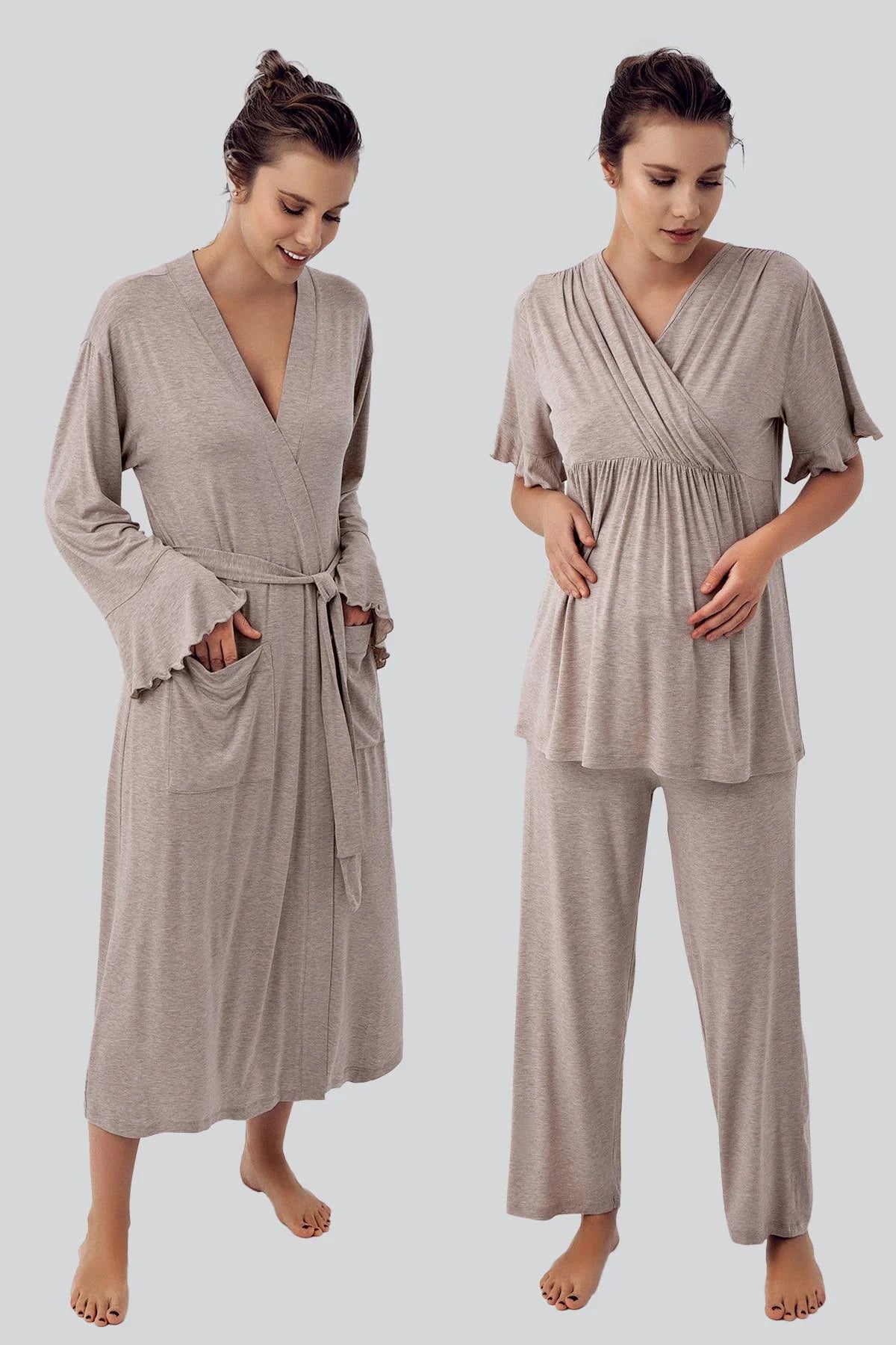 Shopymommy 16309 Double Breasted 3-Pieces Maternity & Nursing Pajamas With Flywheel Arm Robe Beige