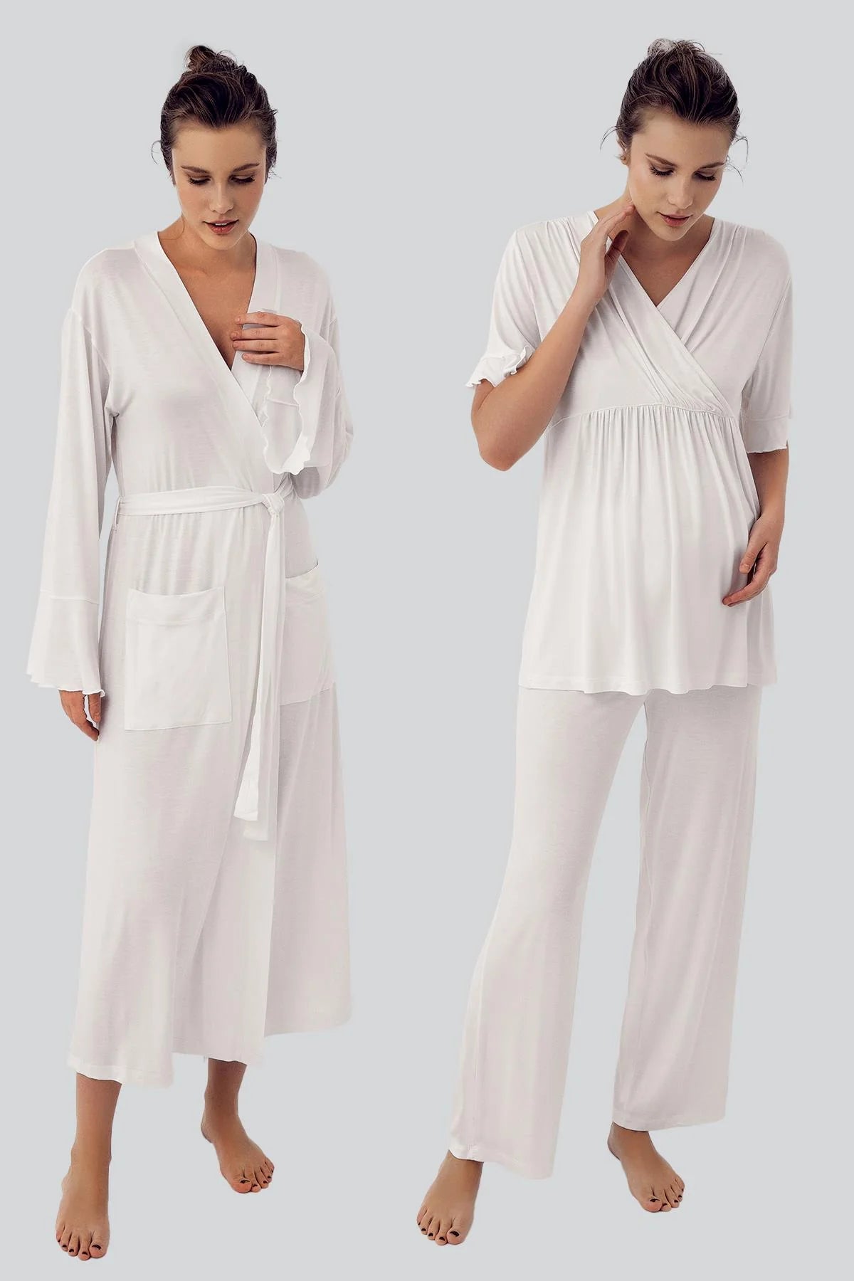 Shopymommy 16309 Double Breasted 3-Pieces Maternity & Nursing Pajamas With Flywheel Arm Robe Ecru