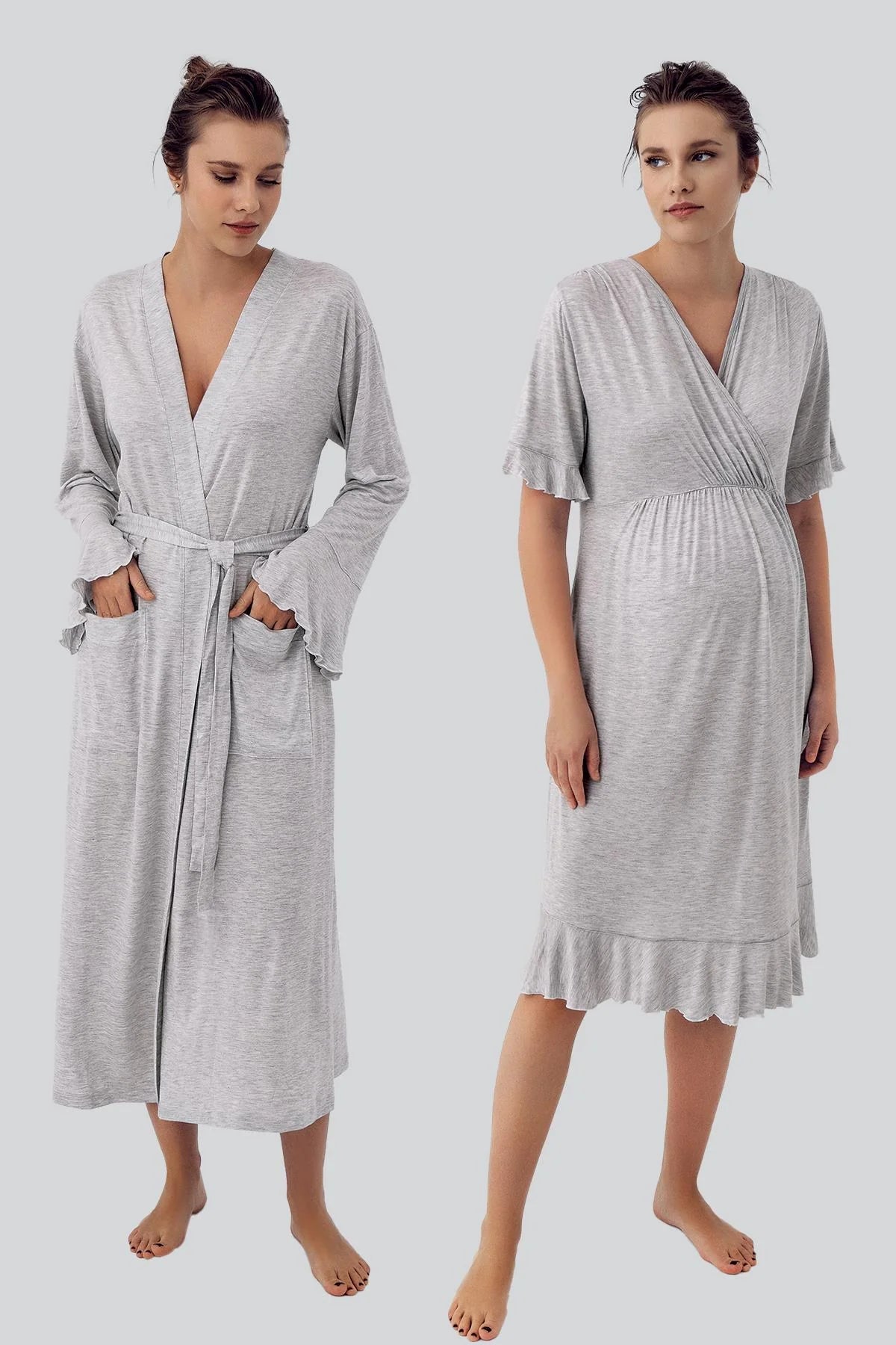 Shopymommy 16409 Double Breasted Maternity & Nursing Nightgown With Flywheel Arm Robe Grey