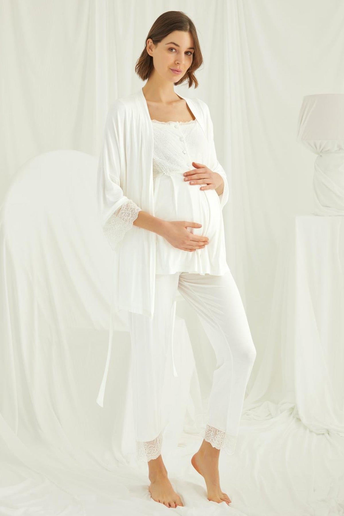 Shopymommy 18203 Lace 3-Pieces Maternity & Nursing Pajamas With Robe Ecru