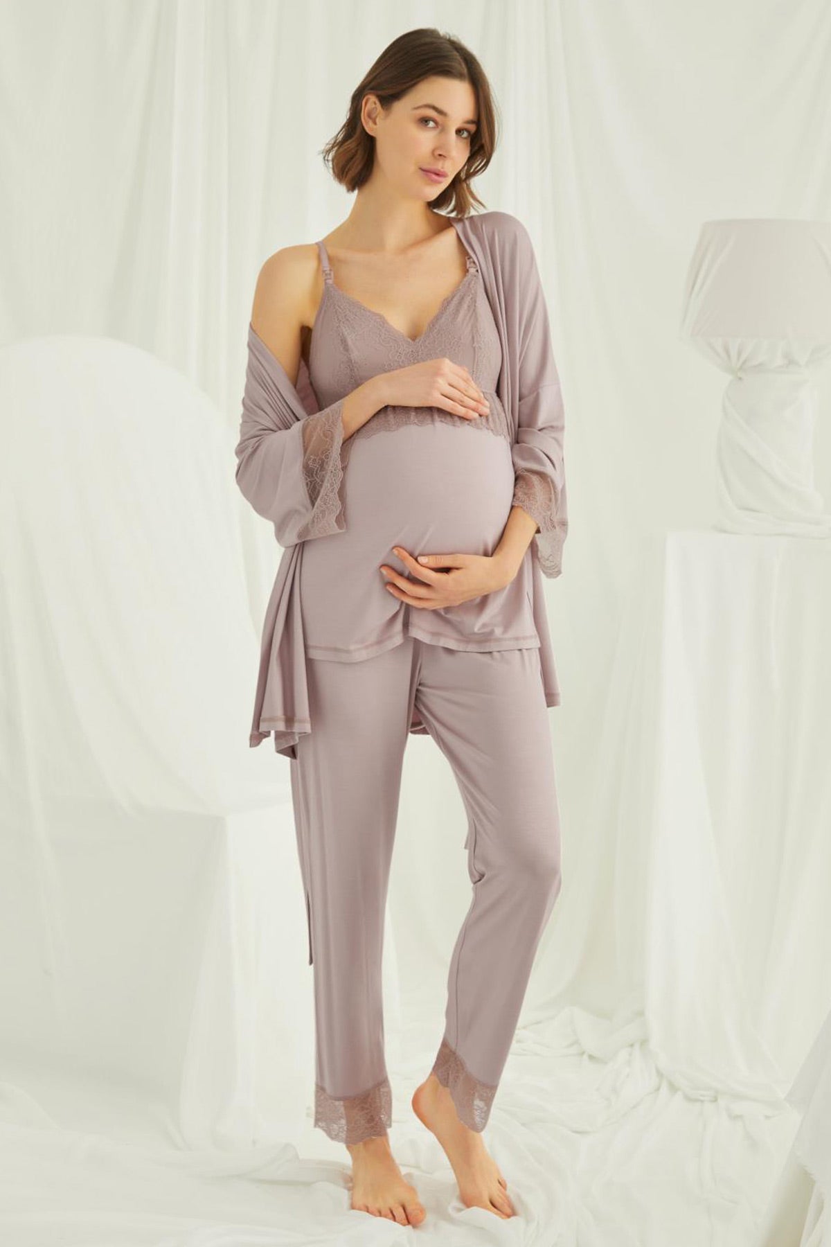 Shopymommy 18431 Lace Strappy 3-Pieces Maternity & Nursing Pajamas With Robe Coffee