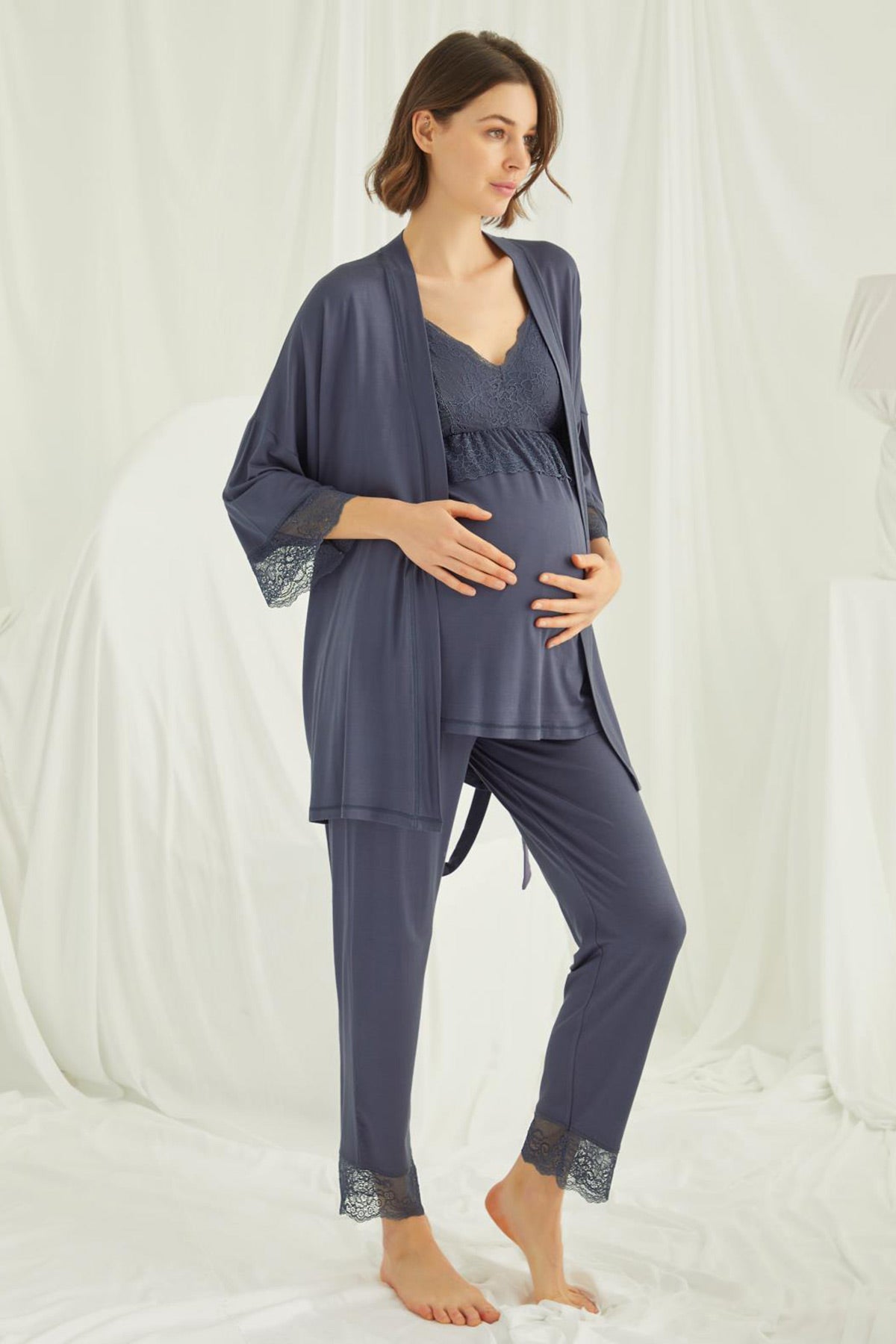 Shopymommy 18432 Lace Strappy 3-Pieces Maternity & Nursing Pajamas With Robe Navy Blue