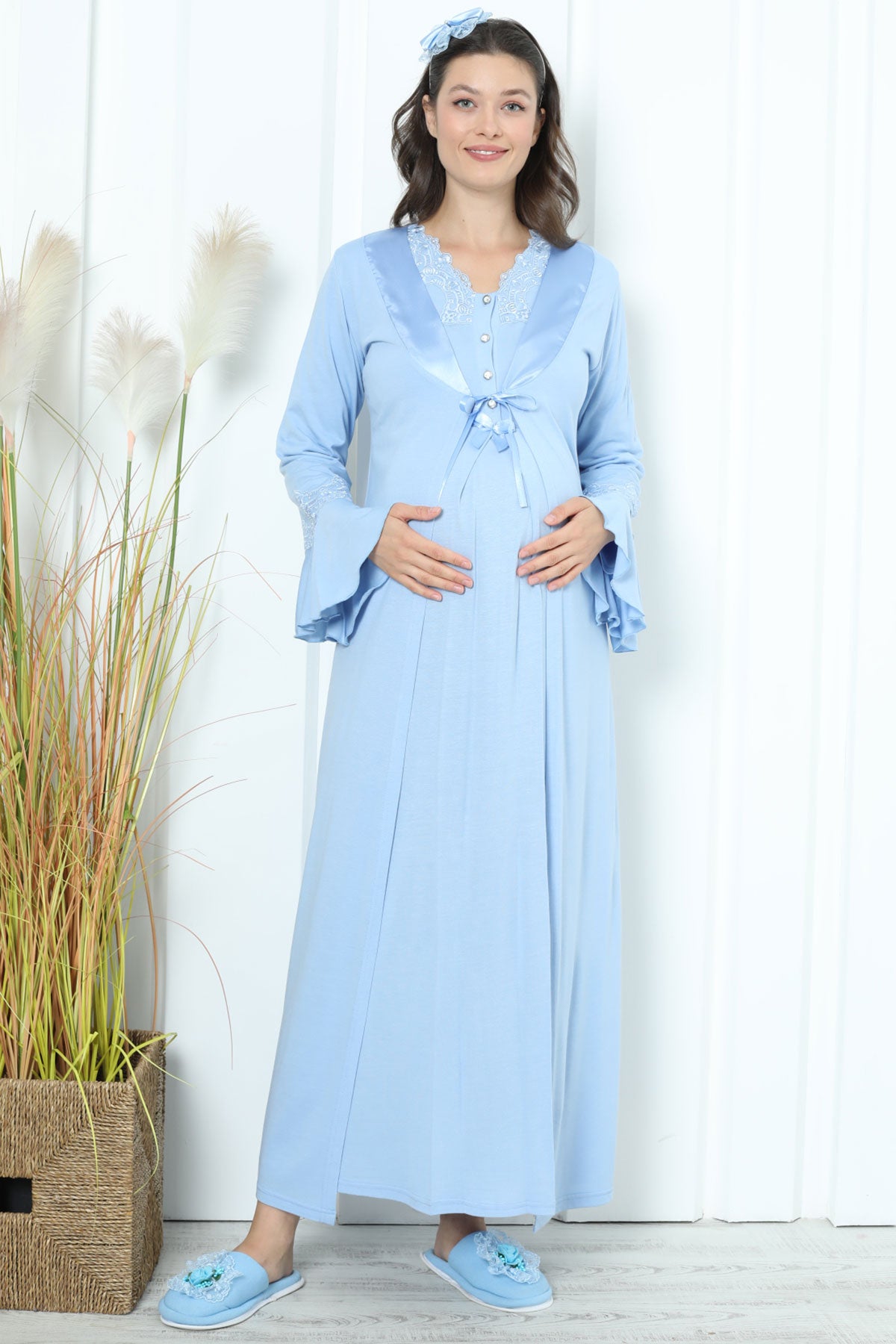 Shopymommy 2259 Lace Collar Maternity & Nursing Nightgown With Flywheel Arm  Robe Blue