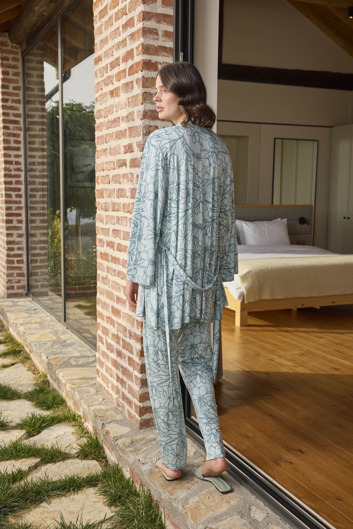 Shopymommy 24093 Lace 3-Pieces Maternity & Nursing Pajamas With Patterned Robe Green