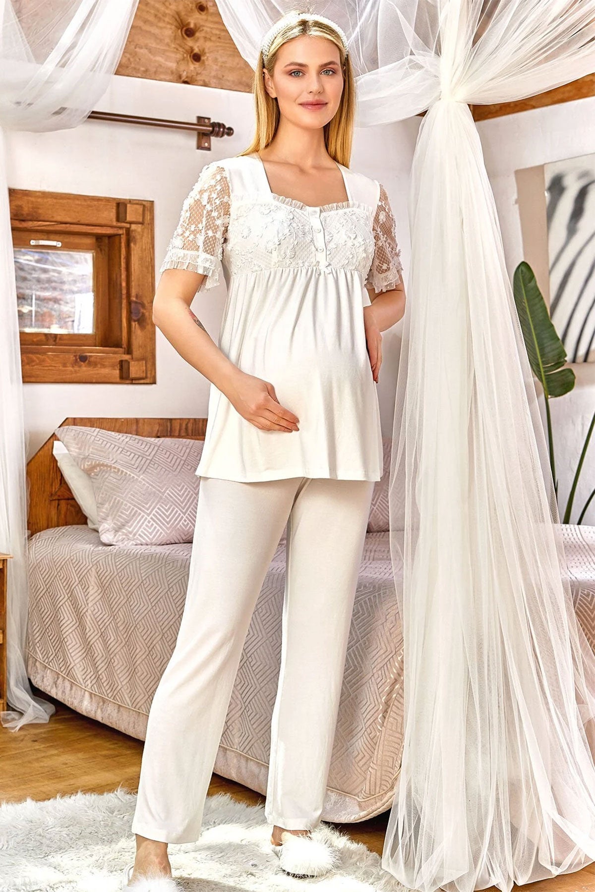 Shopymommy 24169 Flower Lace Sleeve Maternity & Nursing Pajamas Ecru