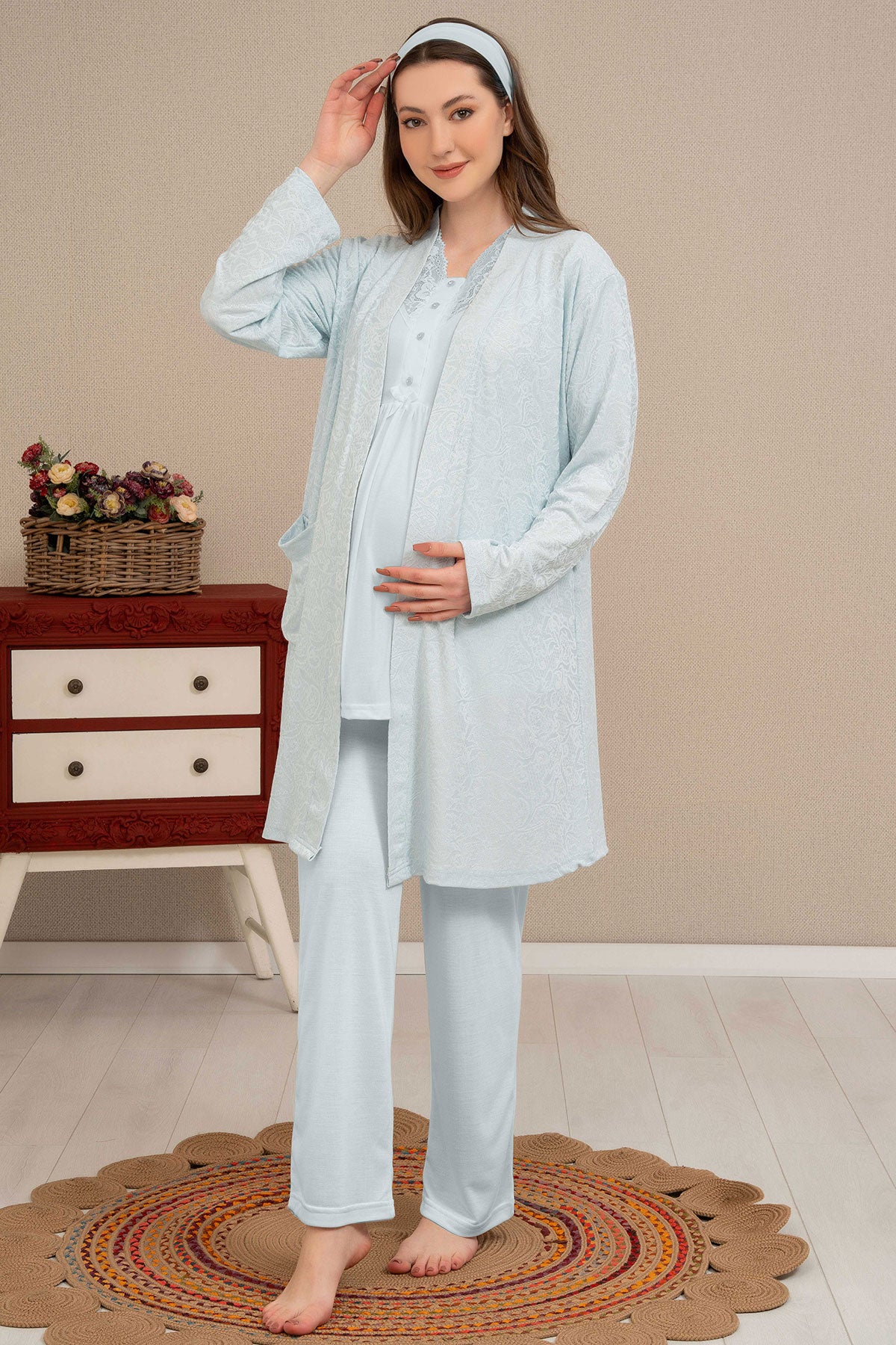 Shopymommy 4501 Lace Collar 3-Pieces Maternity & Nursing Pajamas With Jacquard Robe Blue