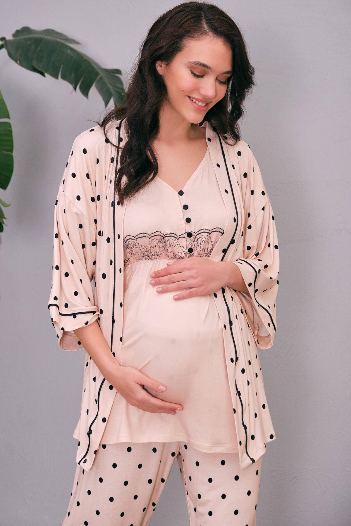 Shopymommy 565554 Polka Dot Lace 4 Pieces Maternity & Nursing Set Pink
