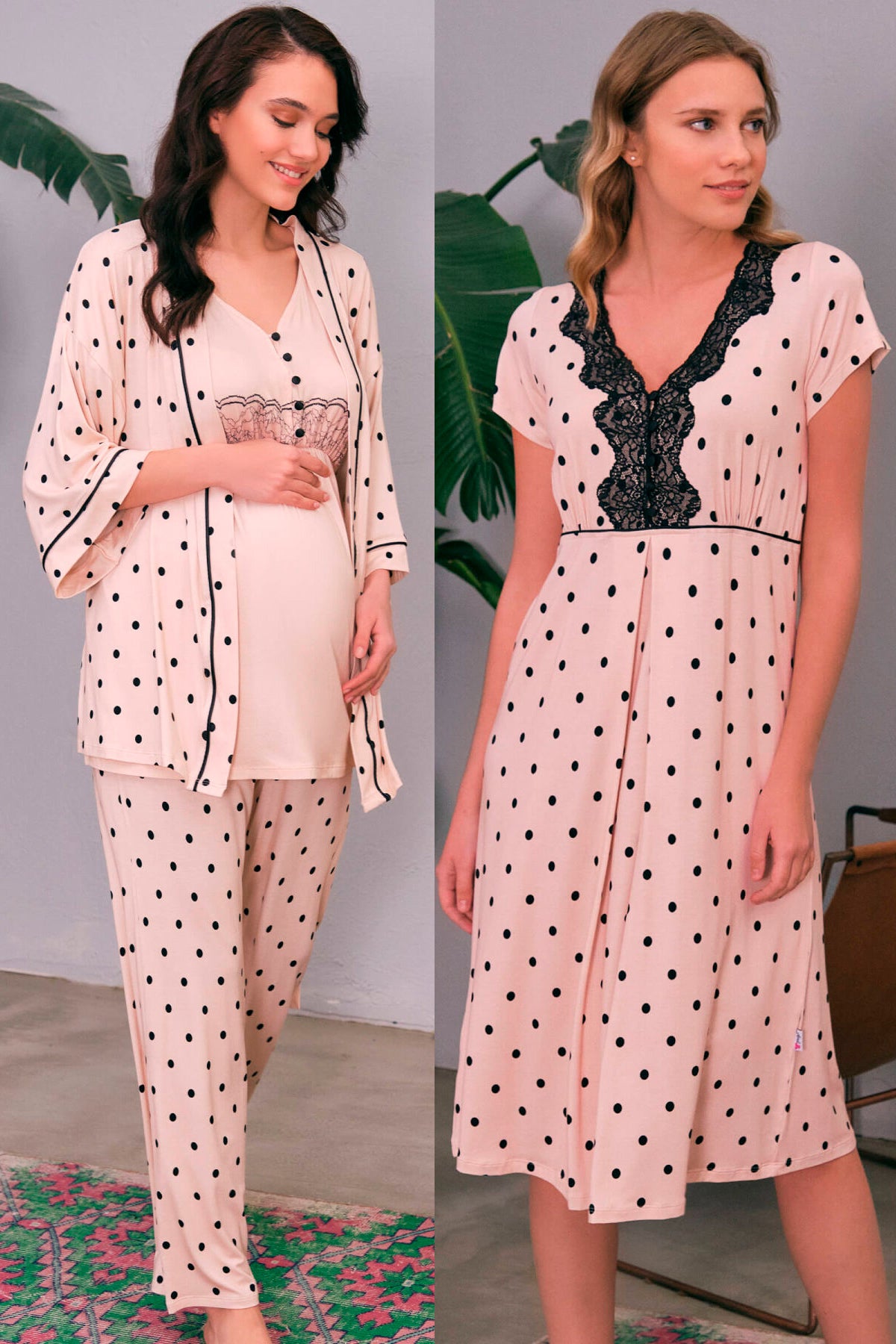 Shopymommy 565554 Polka Dot Lace 4 Pieces Maternity & Nursing Set Pink