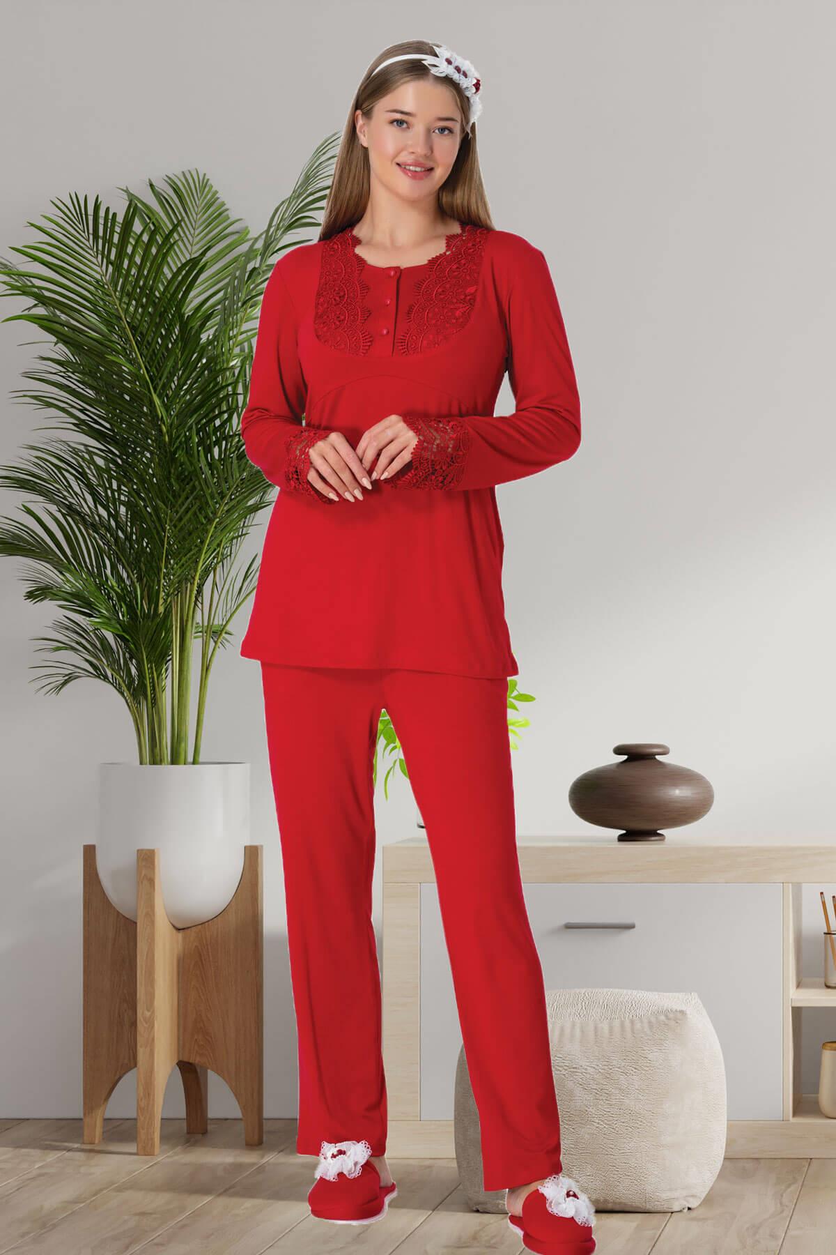 Shopymommy 5914 Lace Maternity & Nursing Pajamas Red