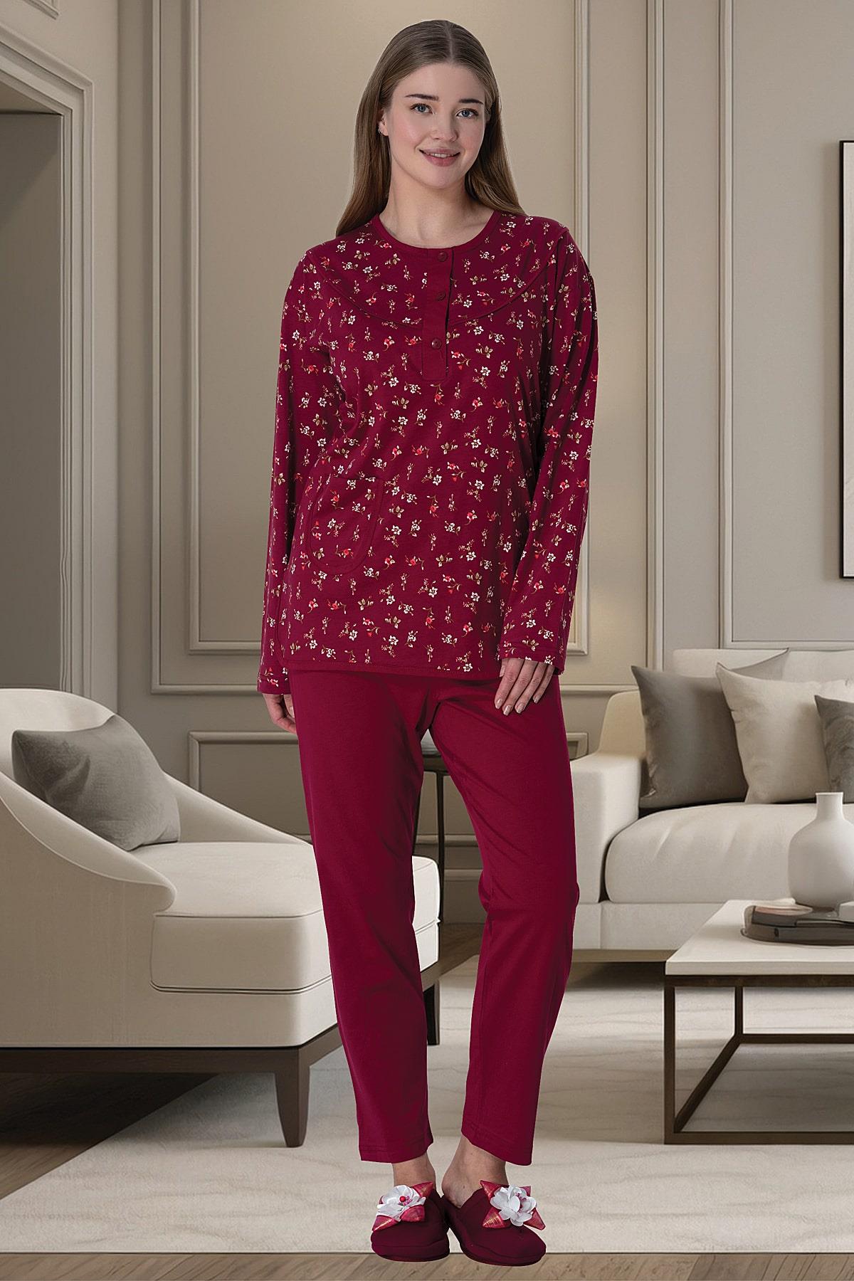 Shopymommy 6017 Flowery Plus Size Maternity & Nursing Pajamas Claret Red