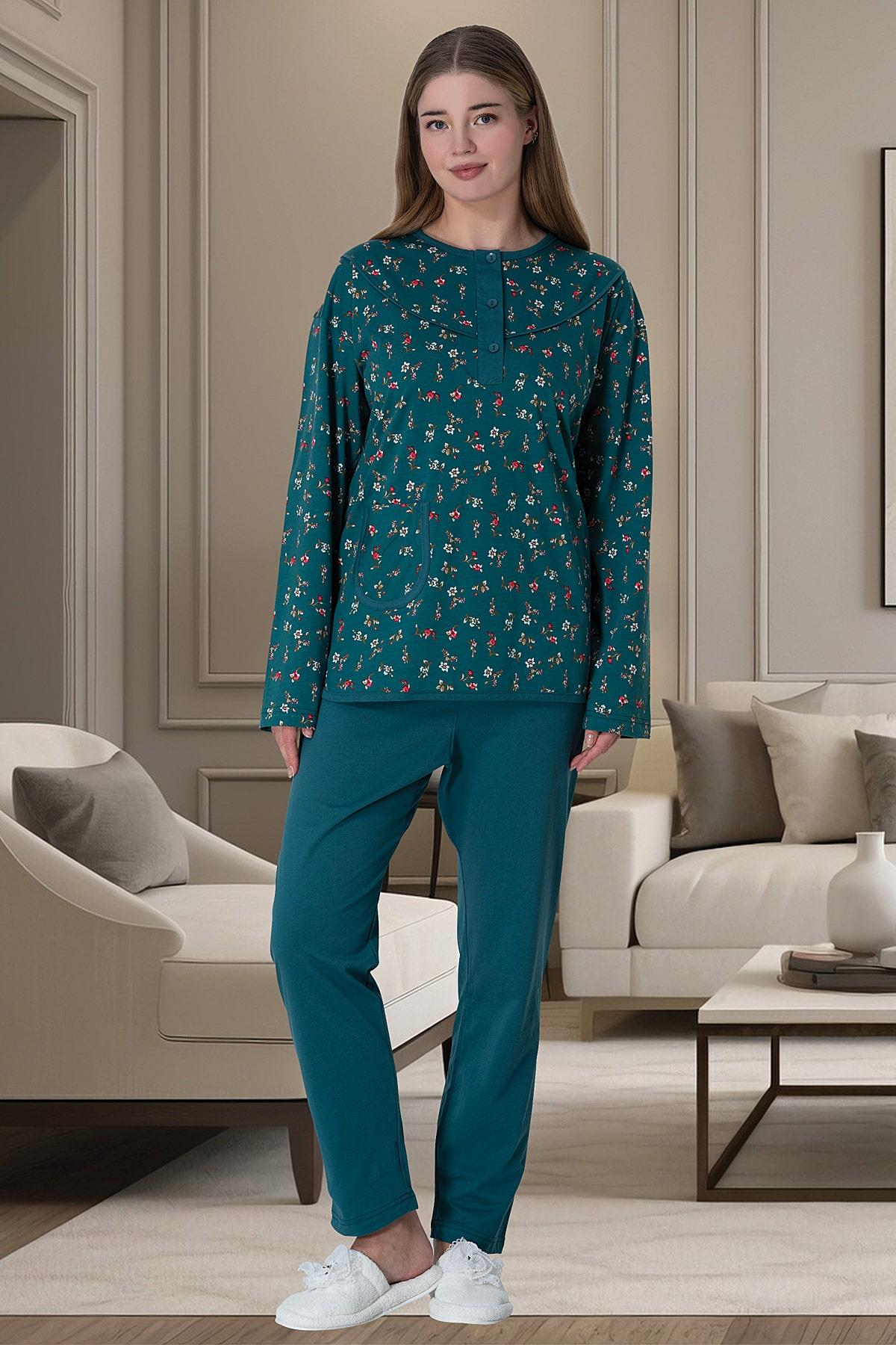 Shopymommy 6017 Flowery Plus Size Maternity & Nursing Pajamas Green