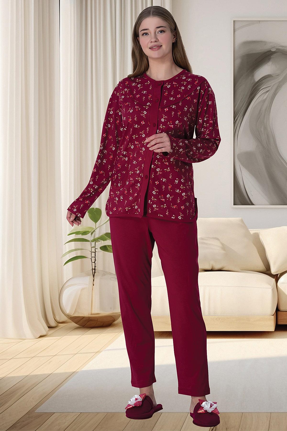 Shopymommy 6018 Flower Plus Size Maternity & Nursing Pajamas Claret Red
