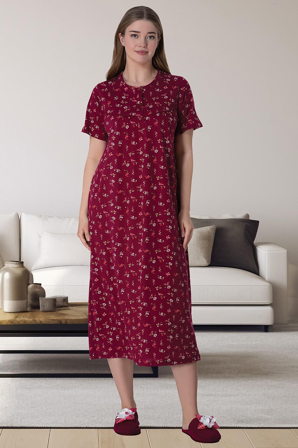 Shopymommy 6024 Flowery Plus Size Maternity & Nursing Nightgown Claret Red