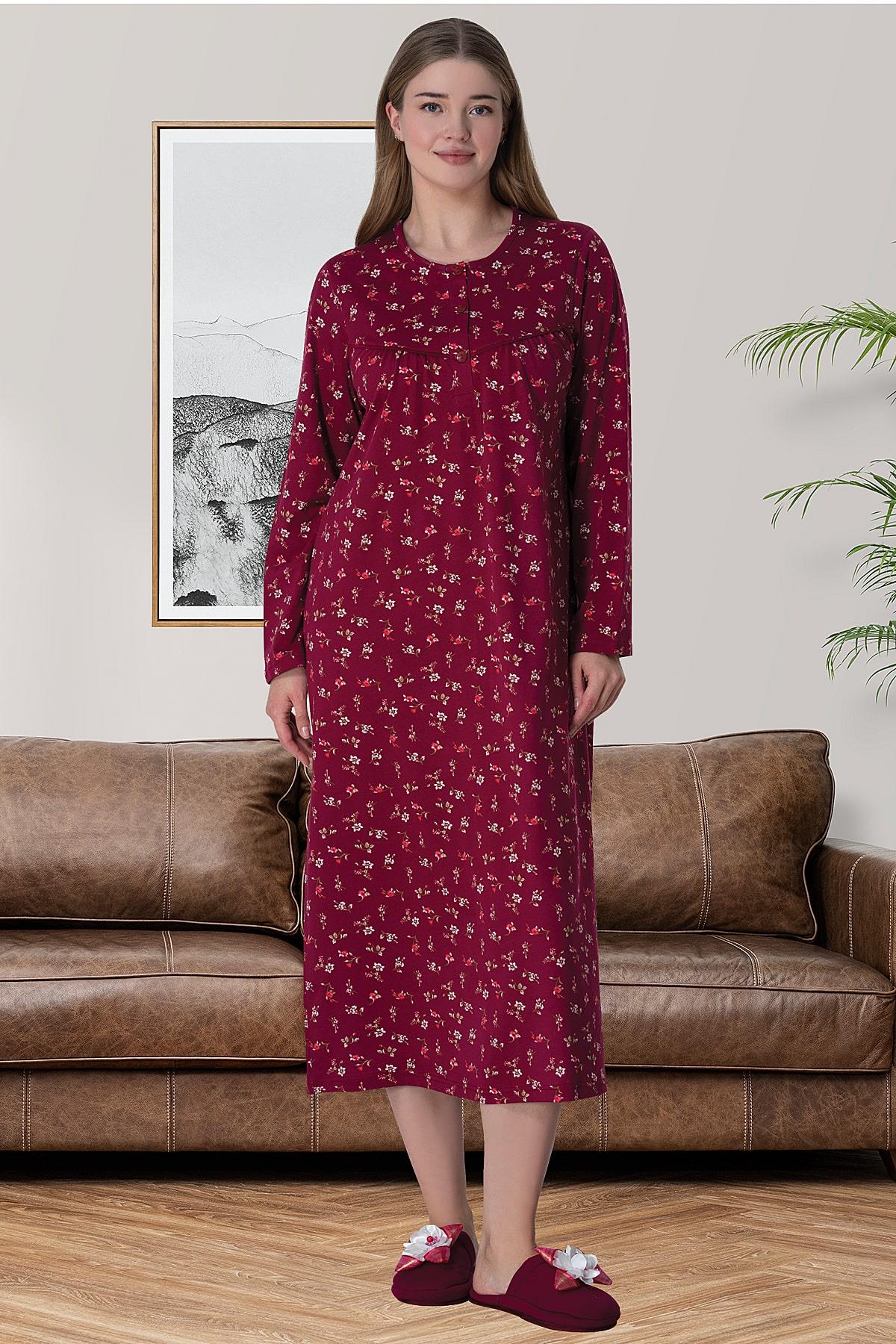 Shopymommy 6025 Flowery Plus Size Maternity & Nursing Nightgown Claret Red