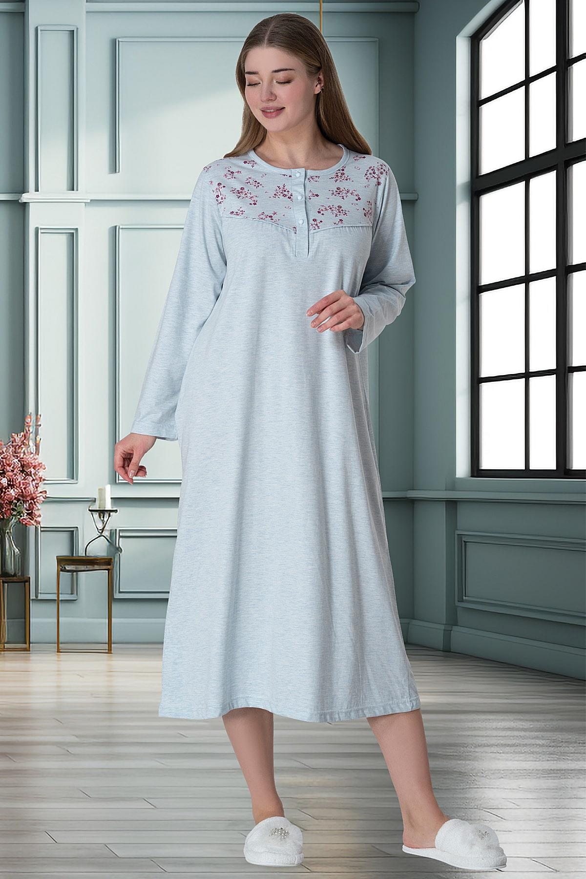 Shopymommy 6026 Patterned Plus Size Maternity & Nursing Nightgown Blue