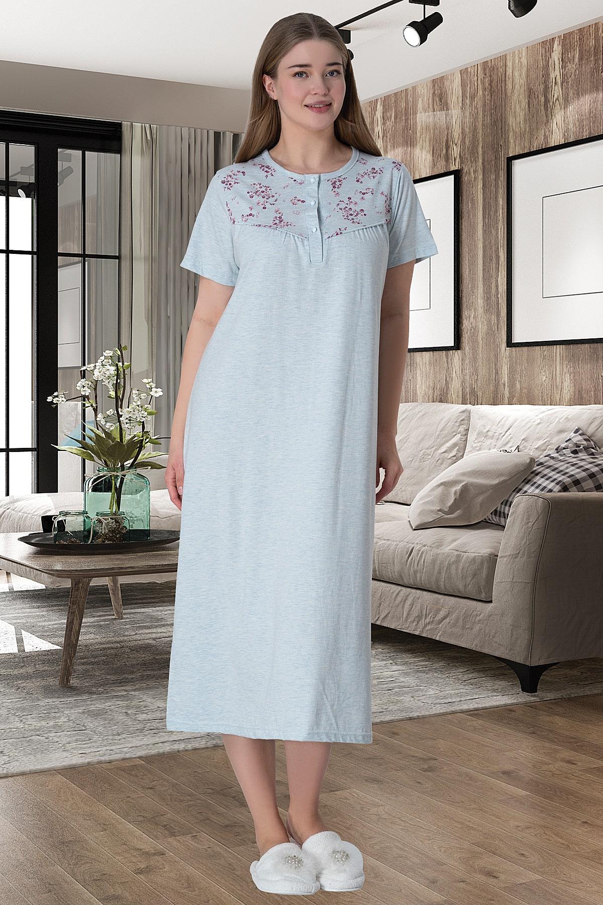 Shopymommy 6027 Patterned Plus Size Maternity & Nursing Nightgown Blue