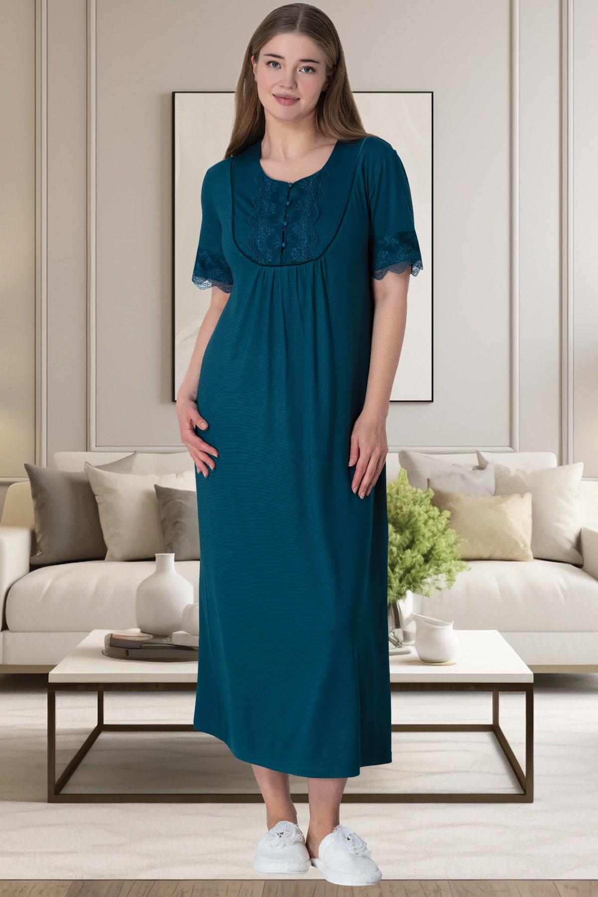Shopymommy 6029 Guipure Collar Plus Size Maternity & Nursing Nightgown Petrol
