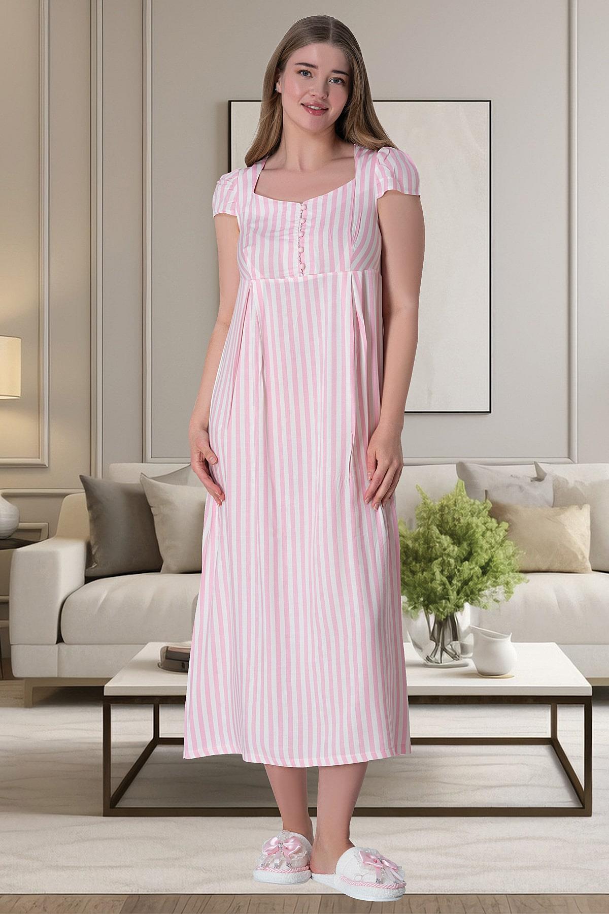 Shopymommy 6050 Stripe Woven Maternity & Nursing Nightgown Pink