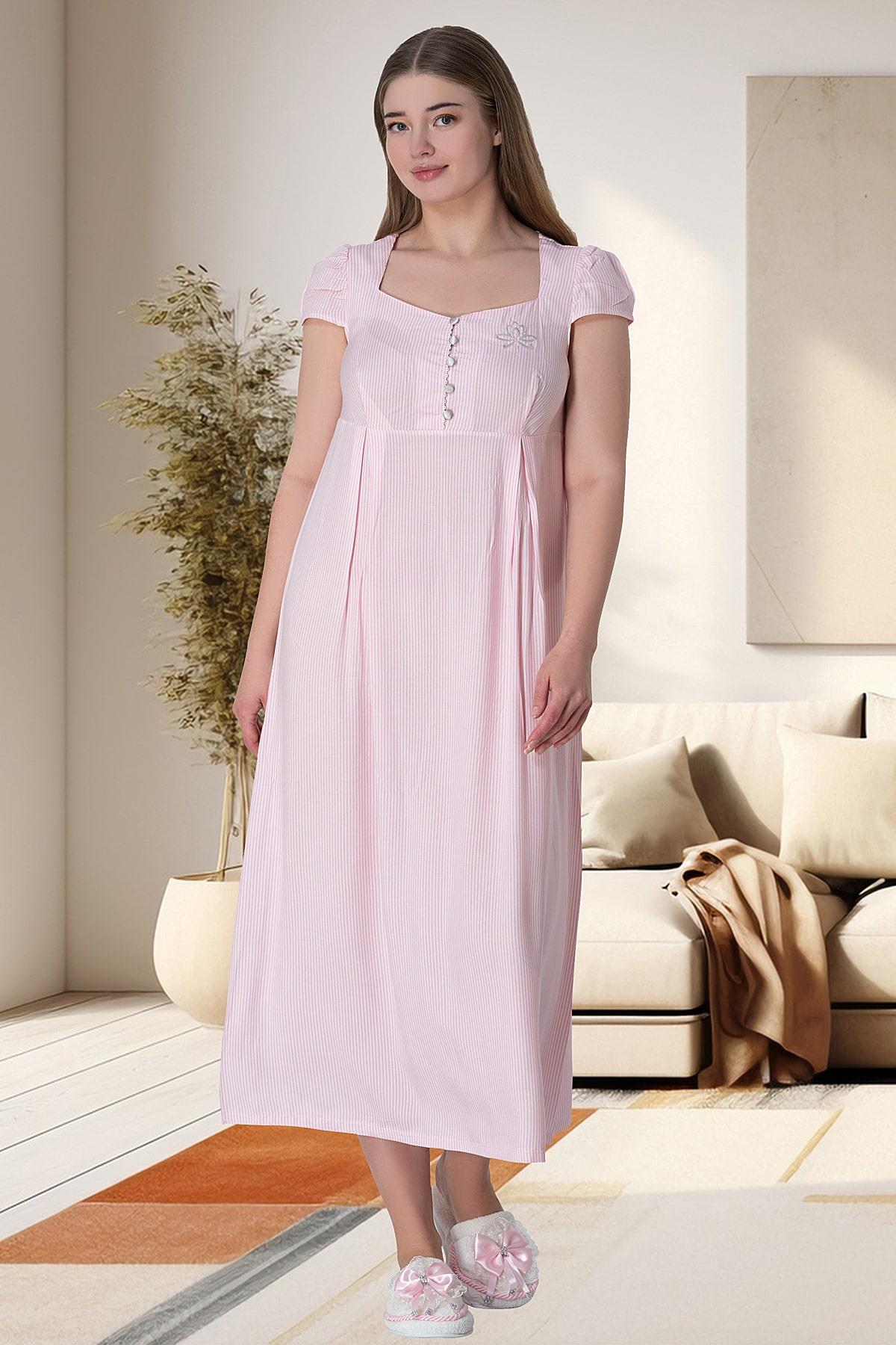 Shopymommy 6052 Striped Maternity & Nursing Nightgown Pink