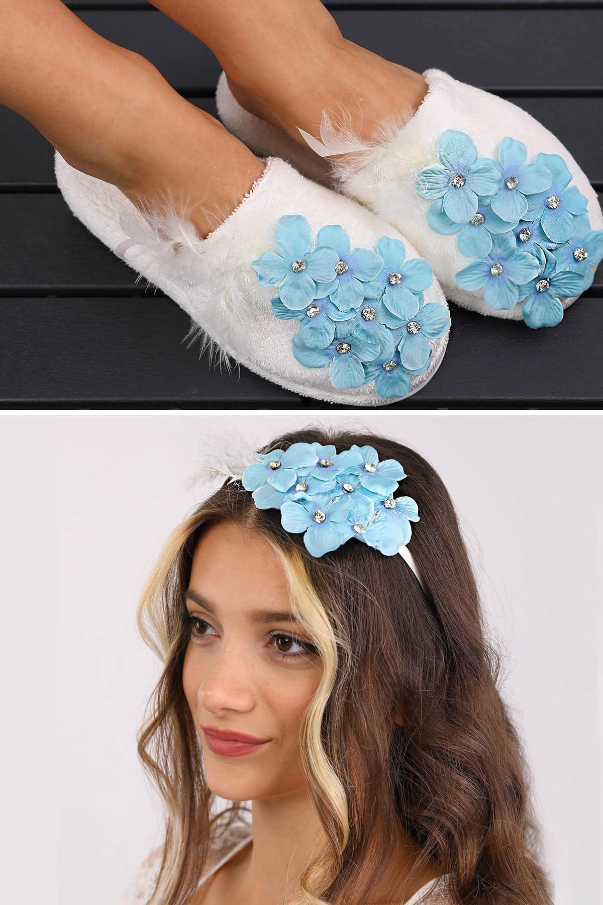 Shopymommy 757103 Violet Flowered Maternity Crown & Maternity Slippers Set Turquoise