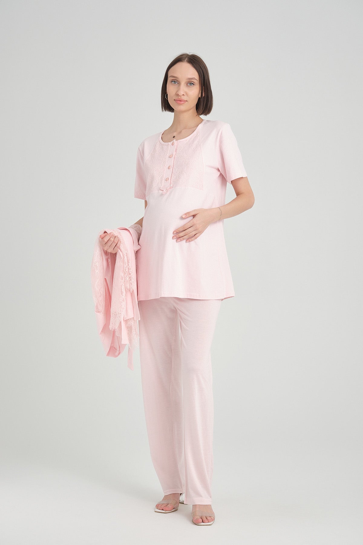 Shopymommy 2370 Lace Detailed 3-Pieces Maternity & Nursing Pajamas With Robe Pink