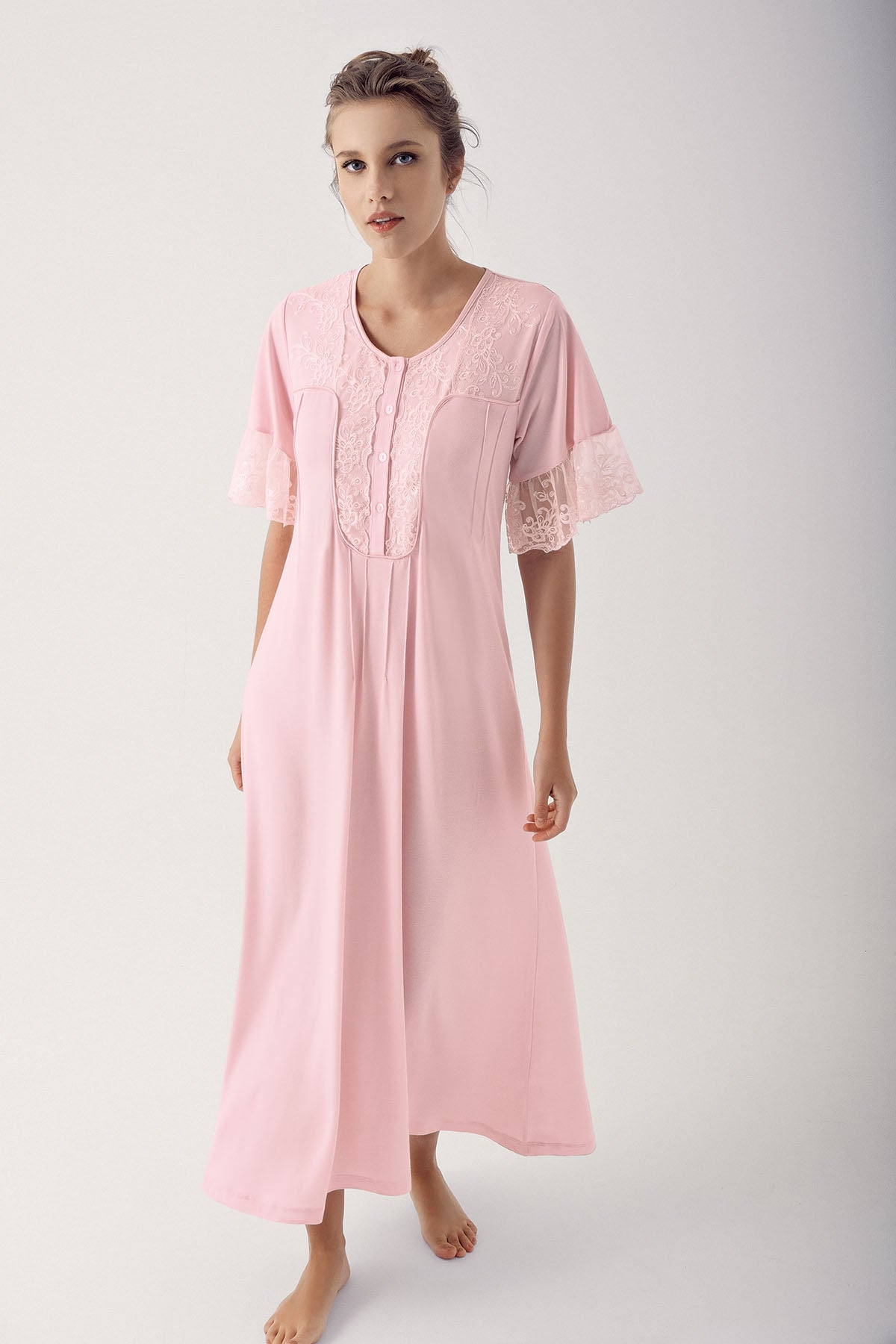 Shopymommy 14105 Collar And Sleeve Lace Maternity & Nursing Nightgown Powder