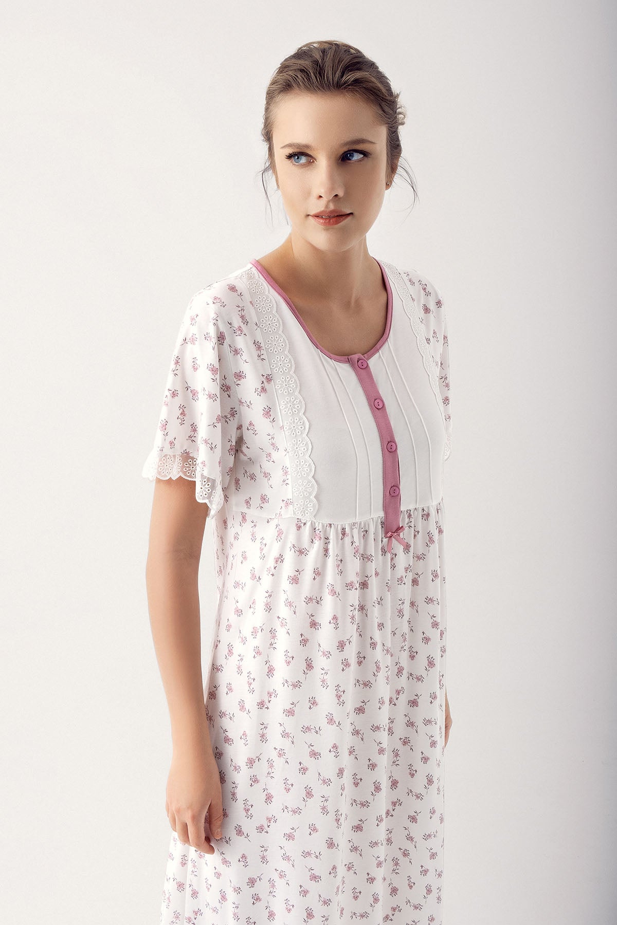 Shopymommy 14113 Flower Pattern Lace Plus Size Maternity & Nursing Nightgown Dried Rose