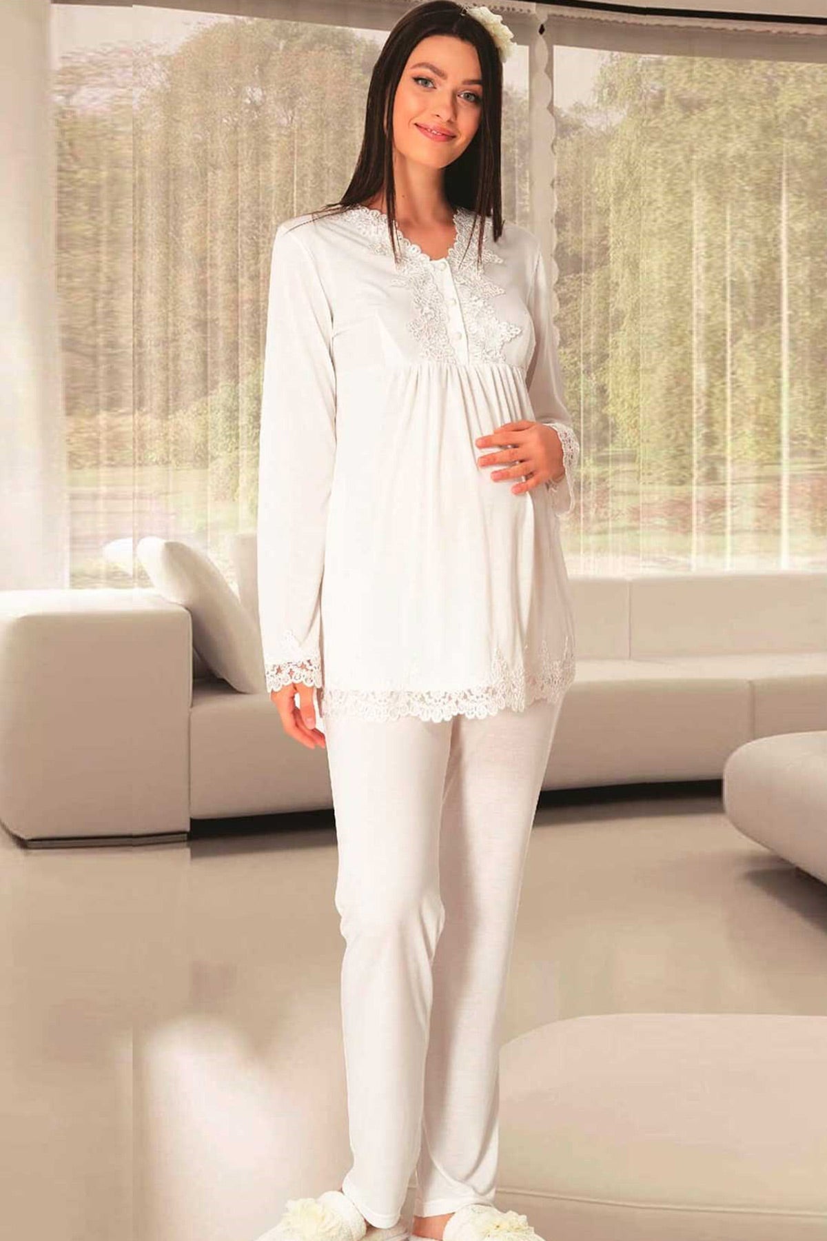 Shopymommy 1517 Lace 3-Pieces Maternity & Nursing Pajamas With Robe Ecru