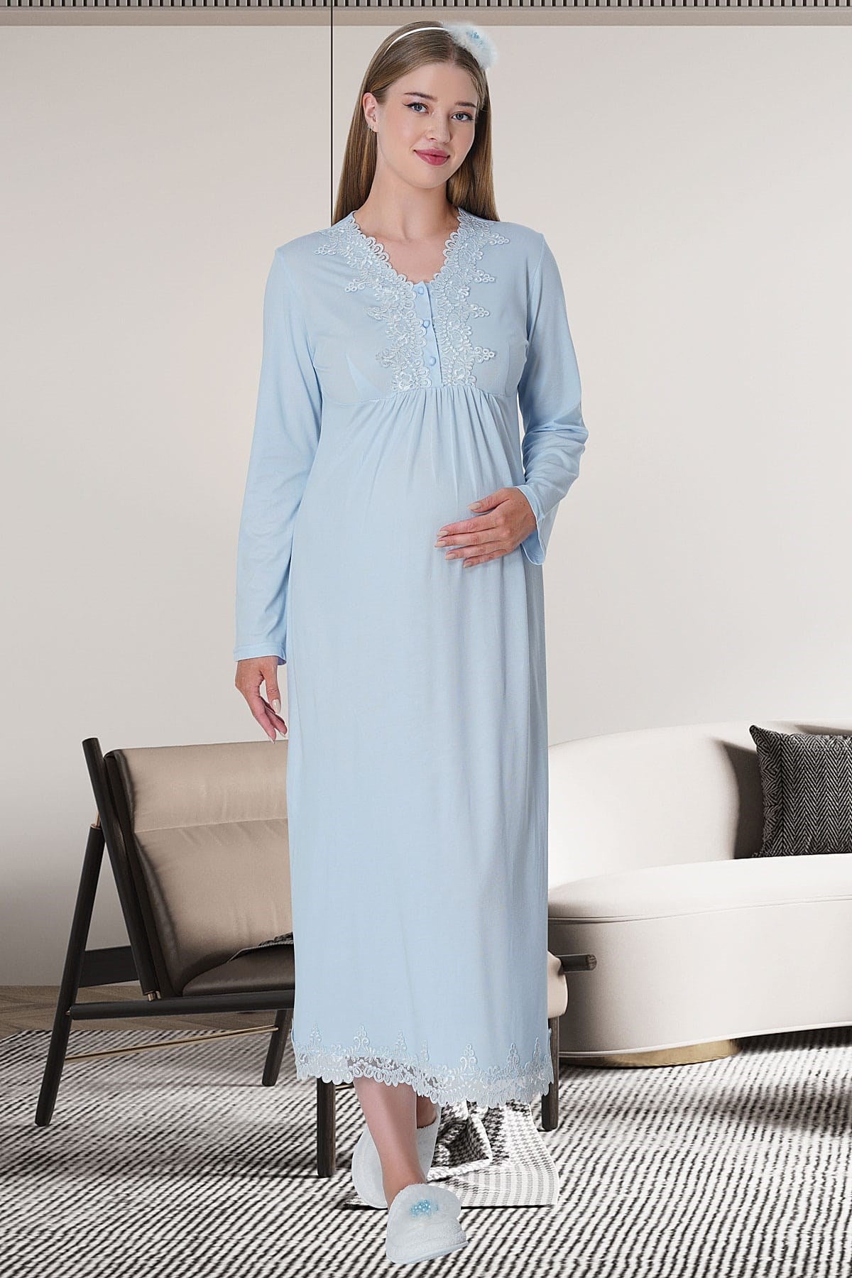 Shopymommy 1512 Lace Maternity & Nursing Nightgown Blue