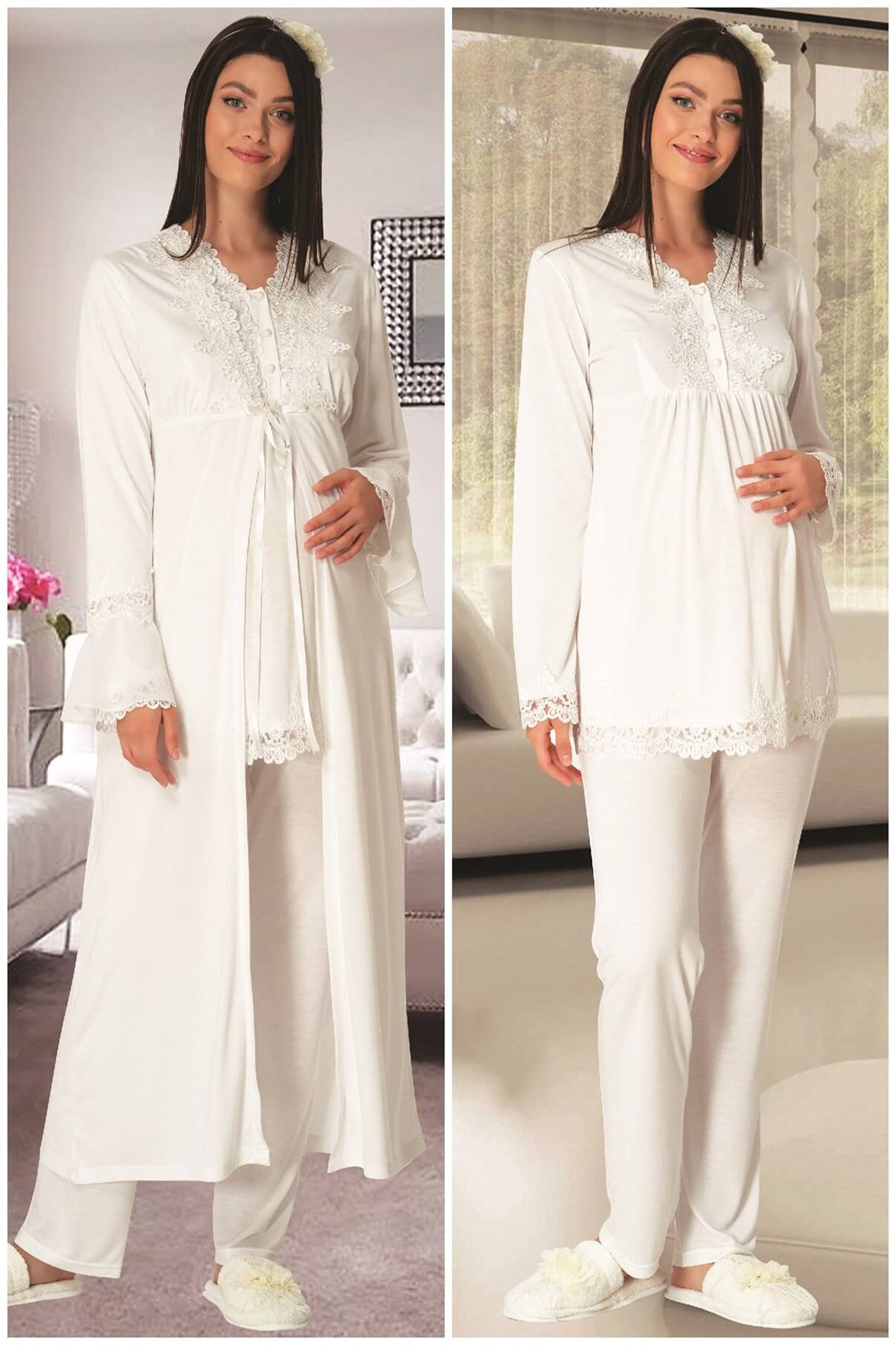 Shopymommy 1517 Lace 3-Pieces Maternity & Nursing Pajamas With Robe Ecru