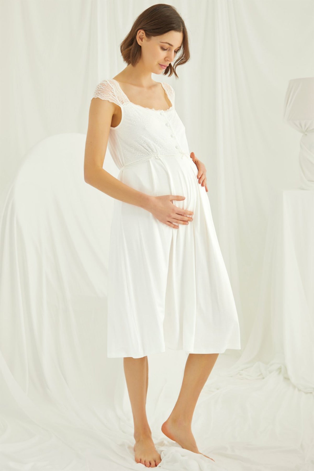 Shopymommy 18300 Lace Maternity & Nursing Nightgown Ecru