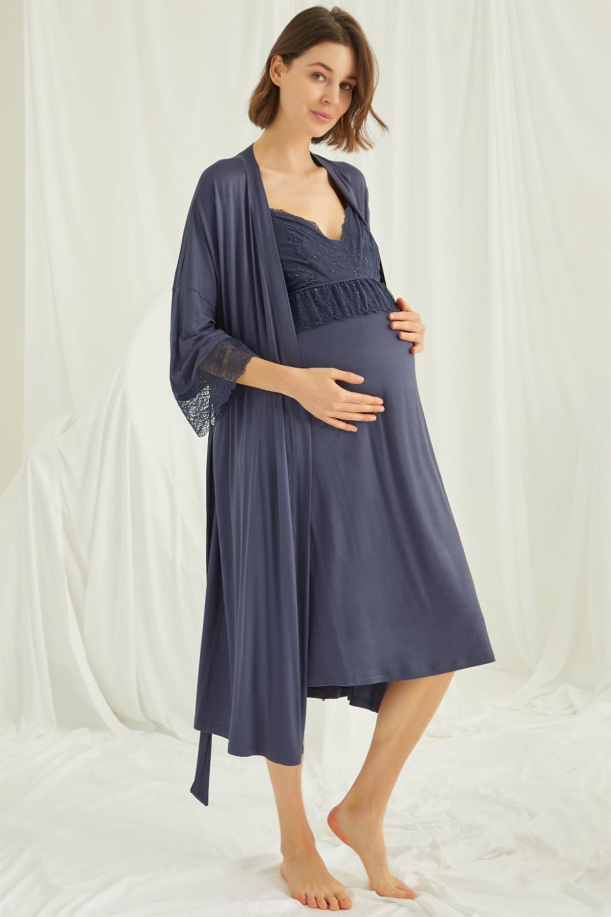 Shopymommy 18428 Lace Strappy Maternity & Nursing Nightgown With Robe Set  Navy Blue