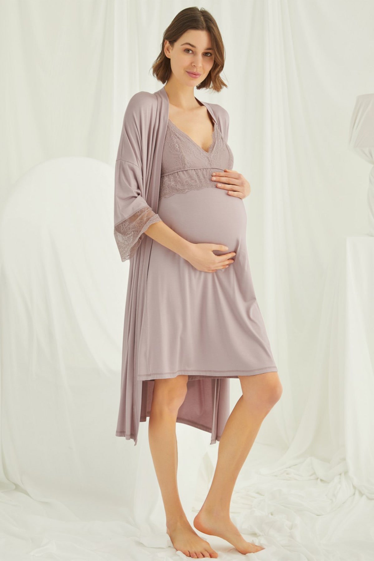 Shopymommy 18430 Lace Strappy Maternity & Nursing Nightgown With Robe Set  Coffee