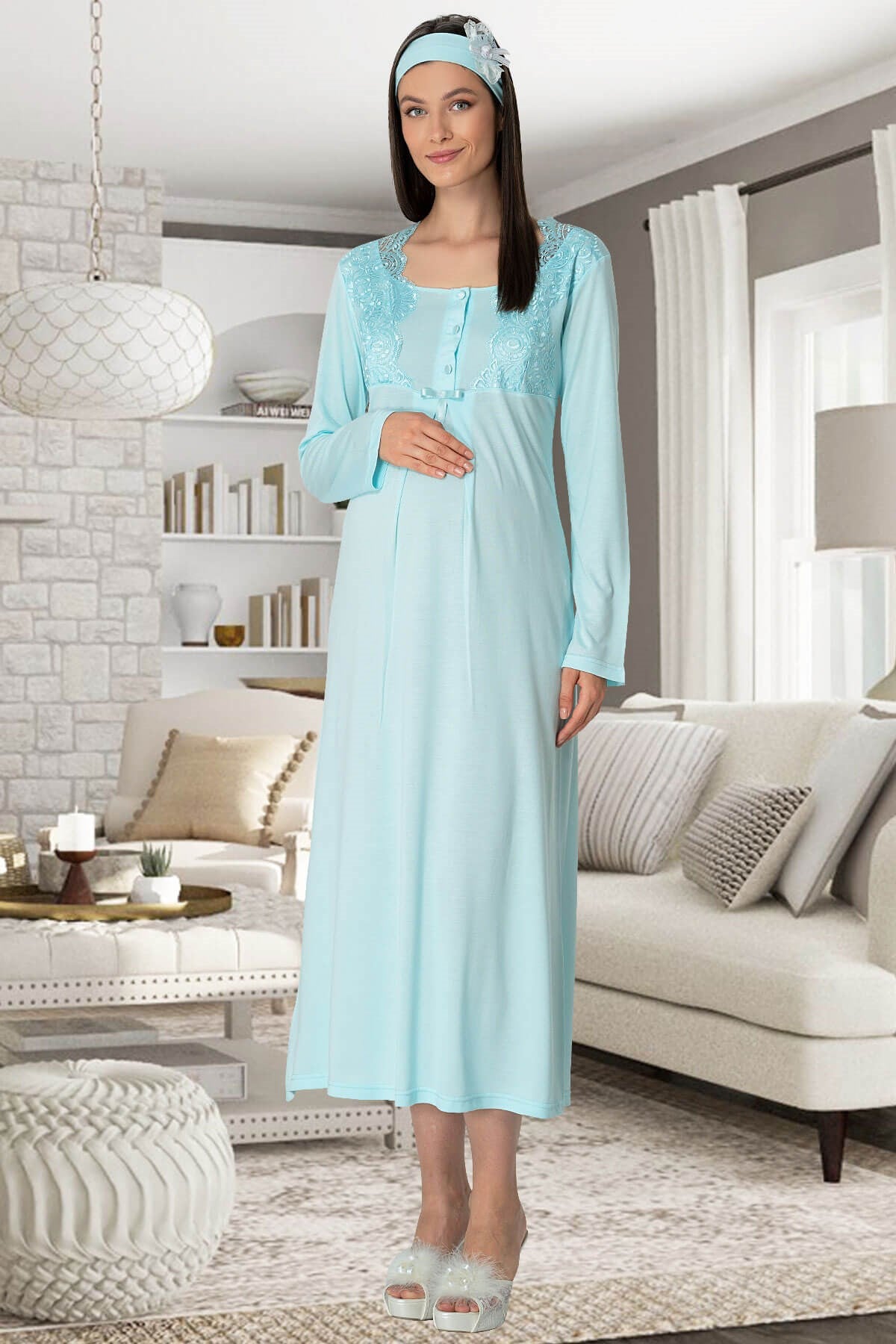 Shopymommy 5355 Lace Collar 4 Pieces Maternity & Nursing Set Turquoise